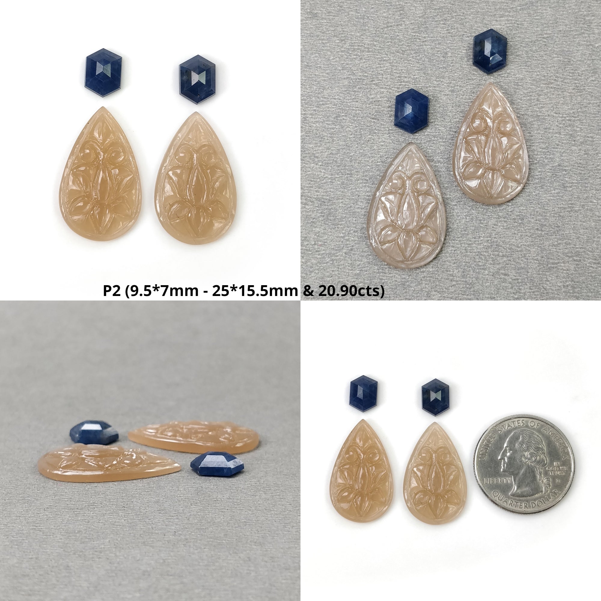 Natural Untreated Peach Moonstone Blue Sapphire Black Rutile Gemstone Carving - Hand Carved Pear Shape Step Cut (4pcs) for Jewelry Making, Healing Crystals & Spiritual Gifts