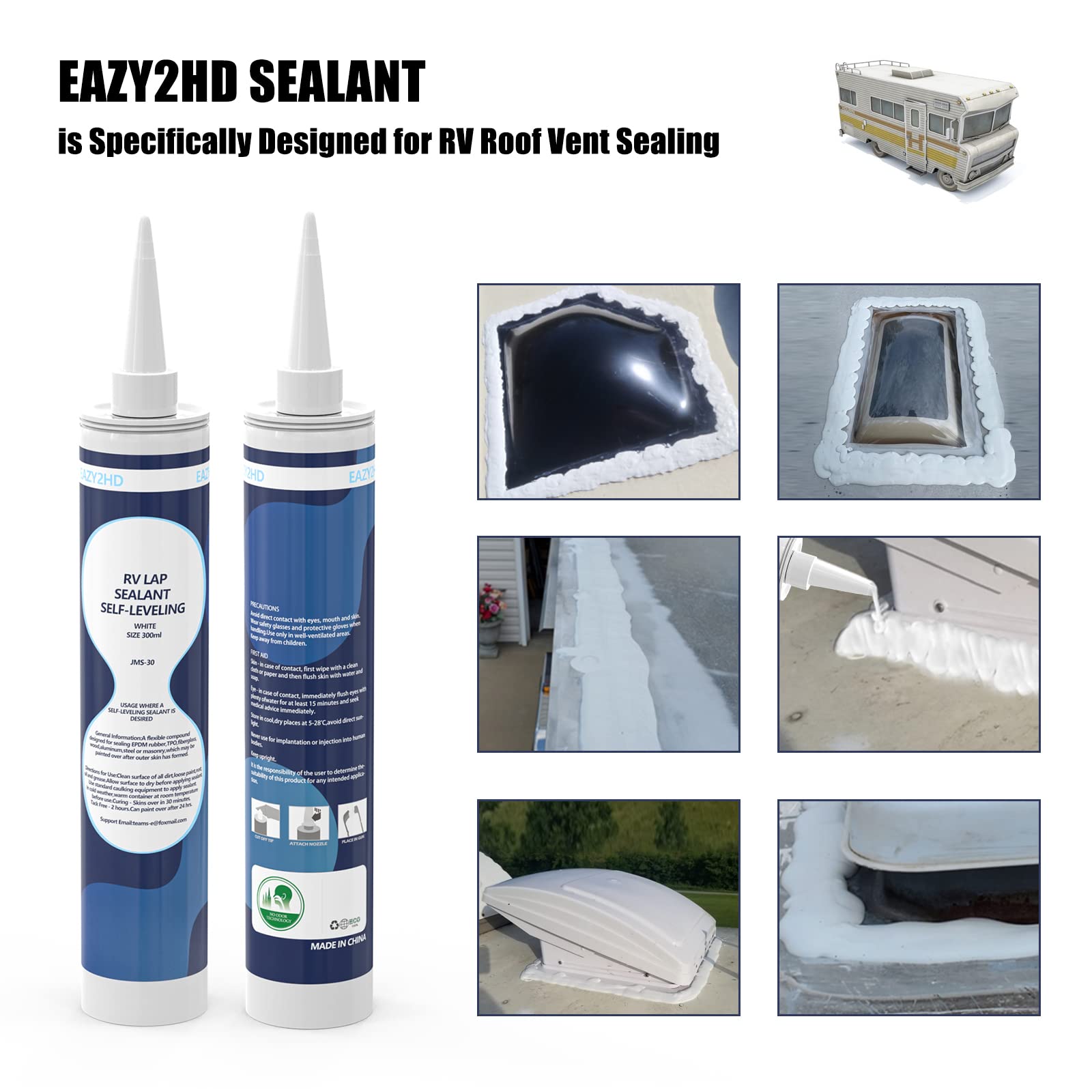 Eazy2hD 2 Pack RV Self-Leveling Lap Sealant for RV Roofs - Waterproof Roof Sealant for Campers, Trailers & RVs - EPDM Rubber Roof Repair & Protection (White) - Perfect for RV Roof Maintenance, Leak Prevention & Weatherproofing