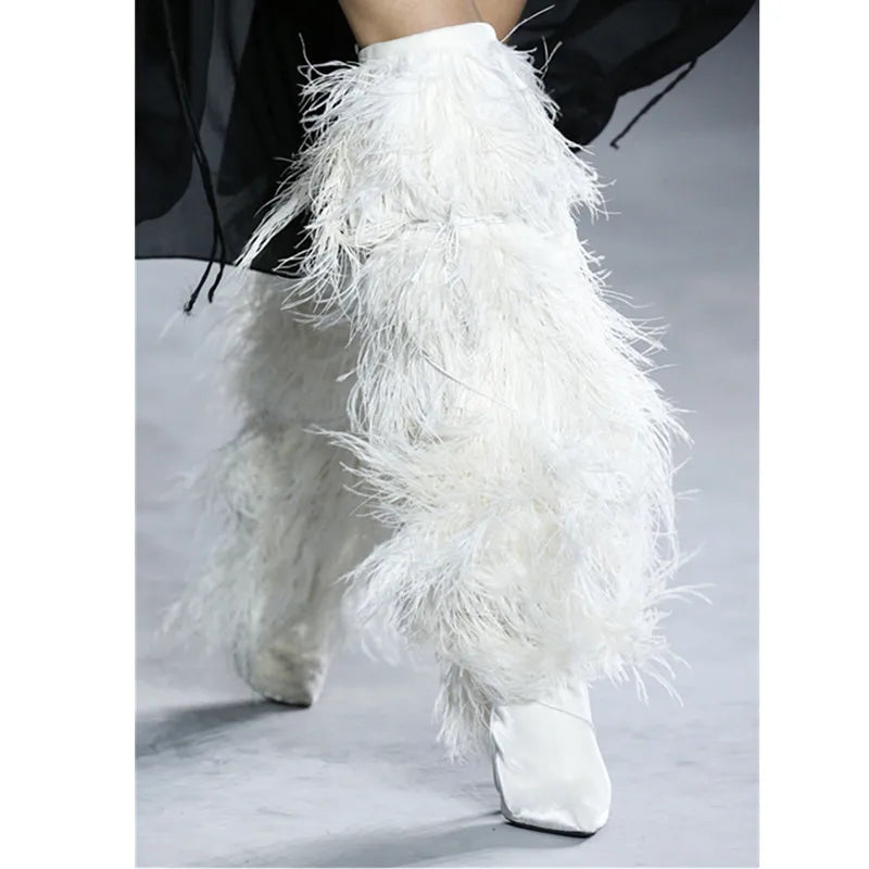 Sexy Women's Suede Over The Knee High Heel Boots with Feather & Cross-Tie Detail - Pointed Toe Party Shoes for Night Out, Clubwear & Special Occasions