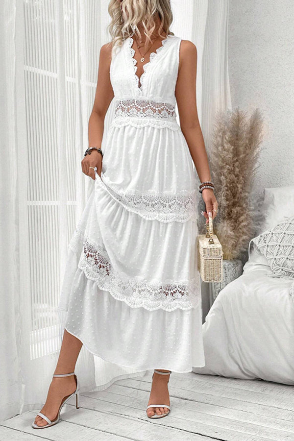 Elegant Solid Color Hollow Lace Splicing V-Neck Sleeveless Maxi Dress for Women - Perfect for Summer Beach, Wedding Guest, and Evening Party Occasions