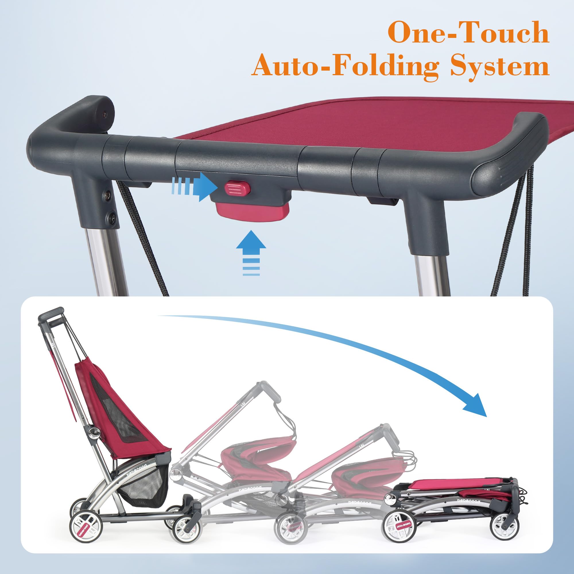 Beberoad Love R1 Auto-Folding Ultra Lightweight Travel Stroller for Airplane - Compact Baby Stroller for Infants & Toddlers (6-36 Months) - Only 11.5 lbs - Converts to Double Stroller - Red - Perfect for Air Travel, Shopping & Daily Outings