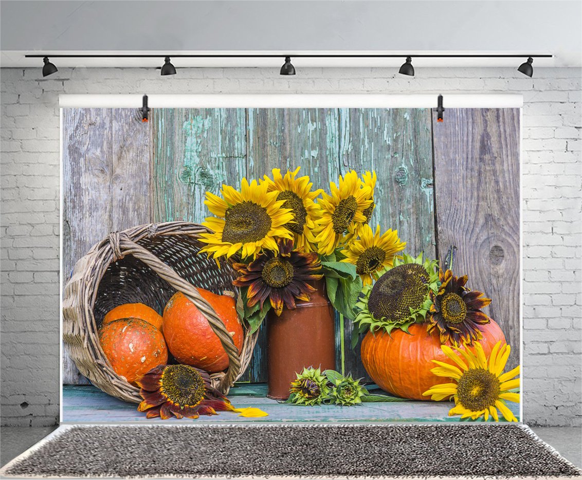 Leyiyi 7x5ft Vintage Sunflower Photography Backdrop - Thanksgiving Harvest Autumn Theme with Rustic Cabin, Pumpkin Vase & Teapot Decor - Perfect for Studio Portraits, Birthday Photos, and Seasonal Celebration Props