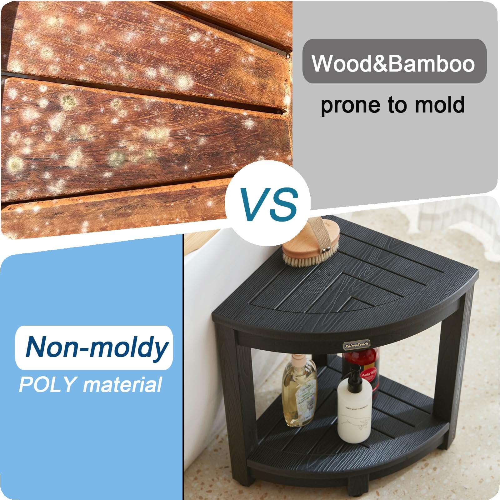 Non-Slip Adjustable Shower Bench Seat - Black Plastic Bath Stool for Elderly & Shaving Legs - Corner Shower Chair with Sturdy Poly Lumber Design - Perfect for Bathroom Safety & Relaxing Spa Days