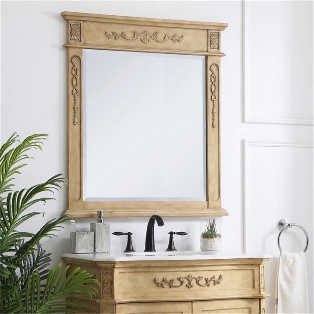Elegant Danville 36x32 Inch Wood Framed Bathroom Mirror in Antique Beige - Perfect for Vanity, Powder Room & Farmhouse Style Decor