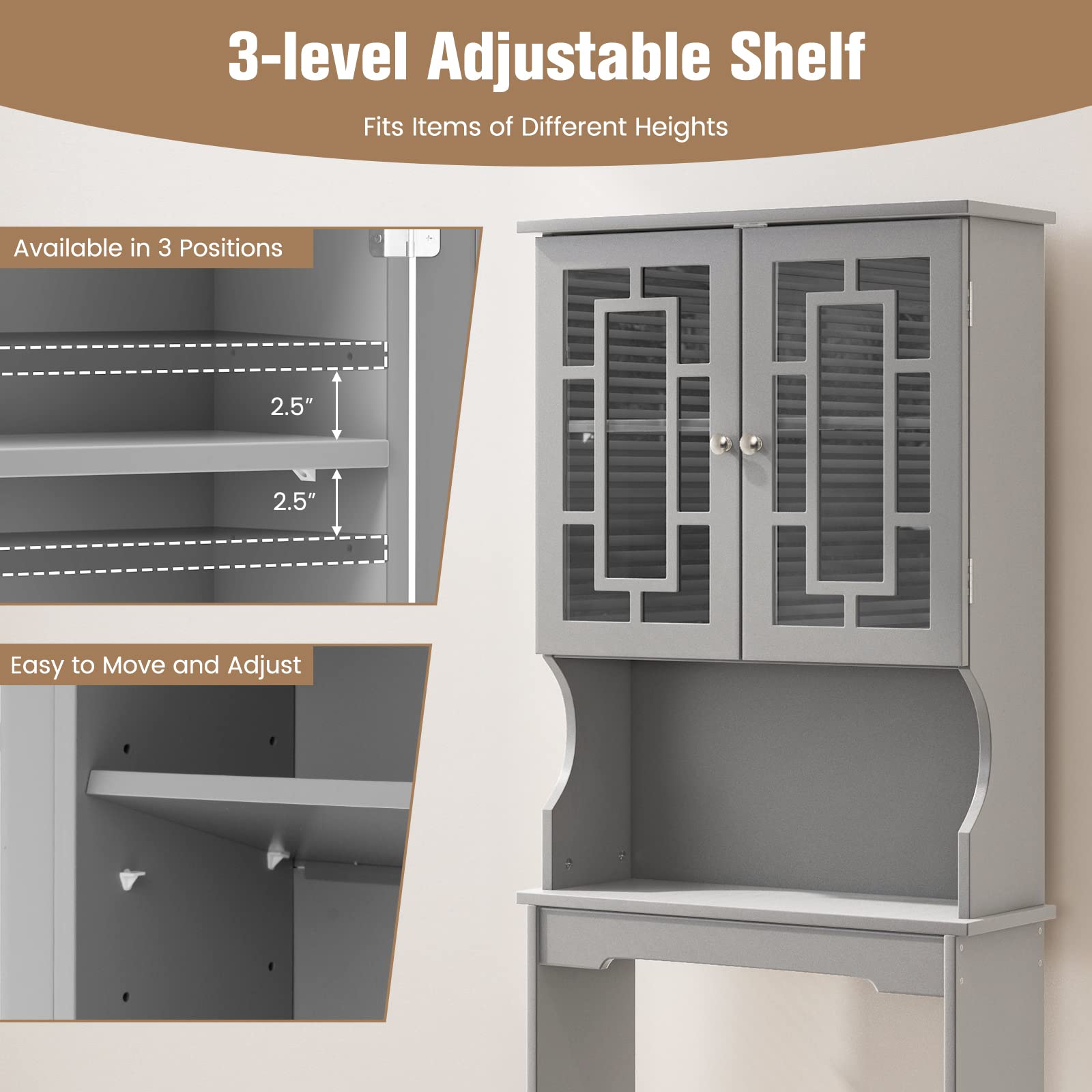 Giantex Over-The-Toilet Storage Organizer with Cabinet & Shelf - Space Saving Bathroom Storage Rack for Towels, Toiletries & Cleaning Supplies - Above Toilet Standing Shelf (Gray) - Perfect for Small Bathrooms & Apartment Living