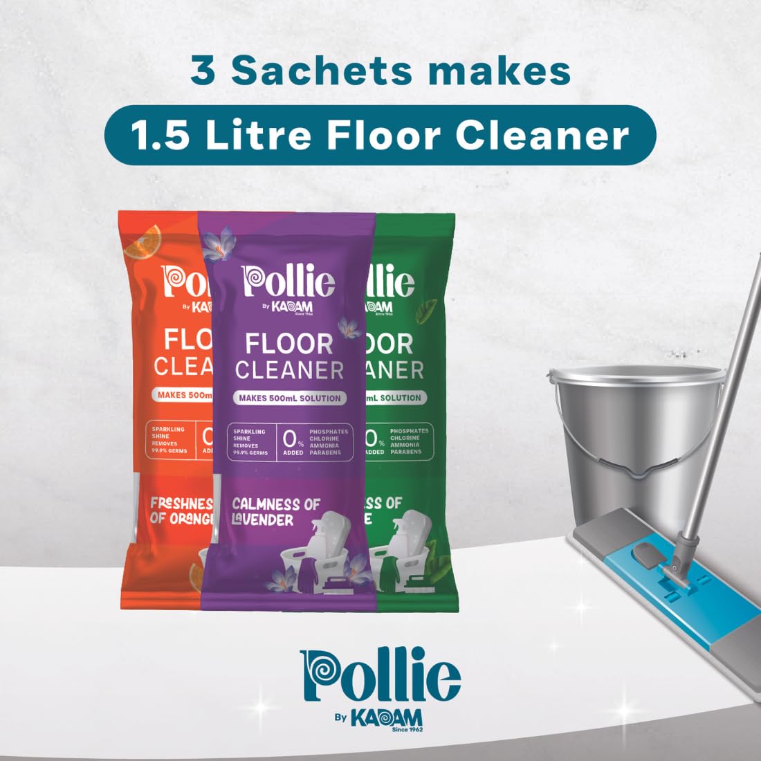 KADAM Pollie Multi-Surface & Floor Cleaner Refill Pack of 3 | Kills 99.9% Germs & Bacteria | 1 Sachet Makes 500ml Cleaning Solution | Ideal for Kitchen, Bathroom, Tile & Hardwood Floors