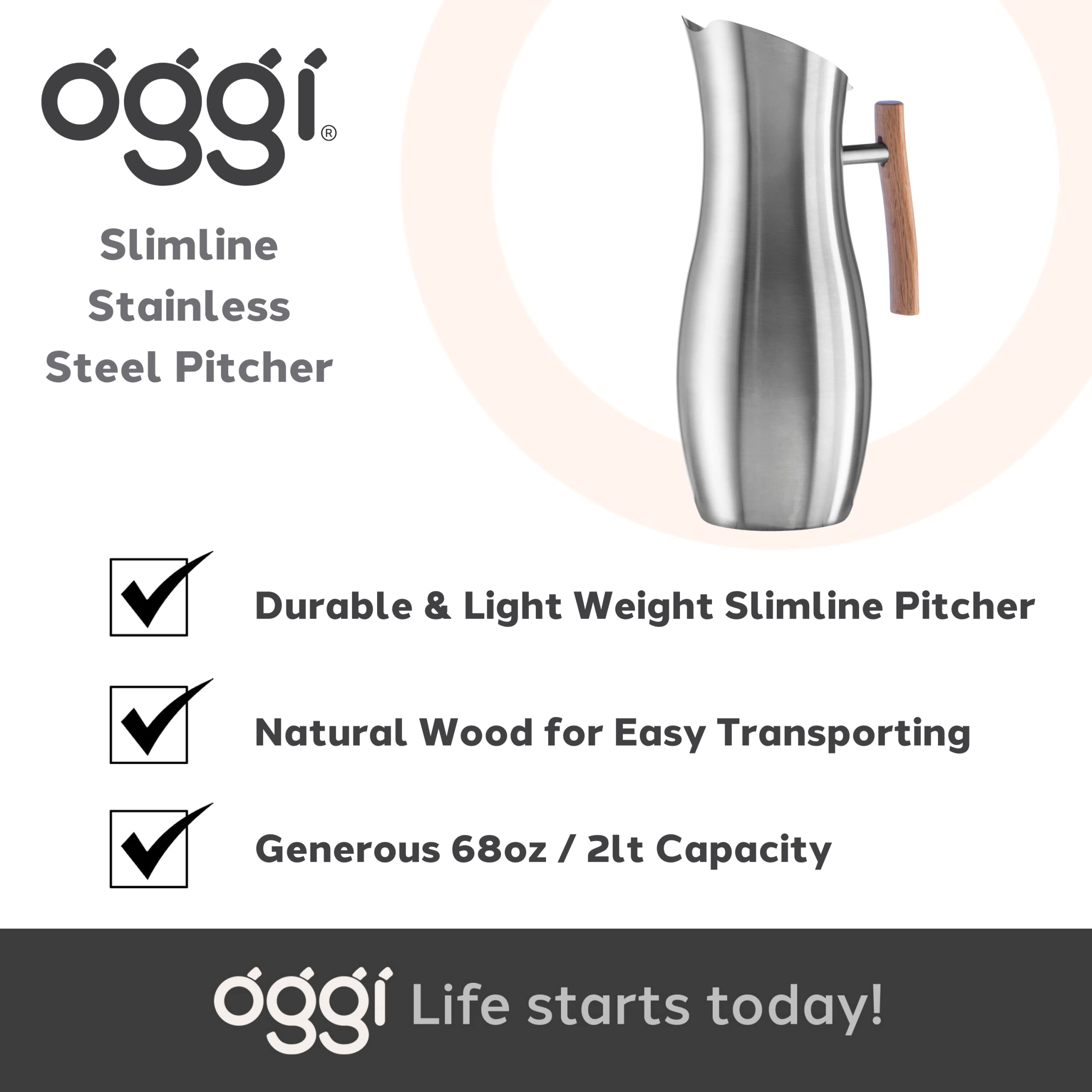 OGGI Slimline Stainless Steel Pitcher with Ice Guard - 68oz (2L) Metal Water Carafe for Iced Tea, Lemonade & Cold Beverages - Perfect for Parties, Entertaining & Outdoor Gatherings