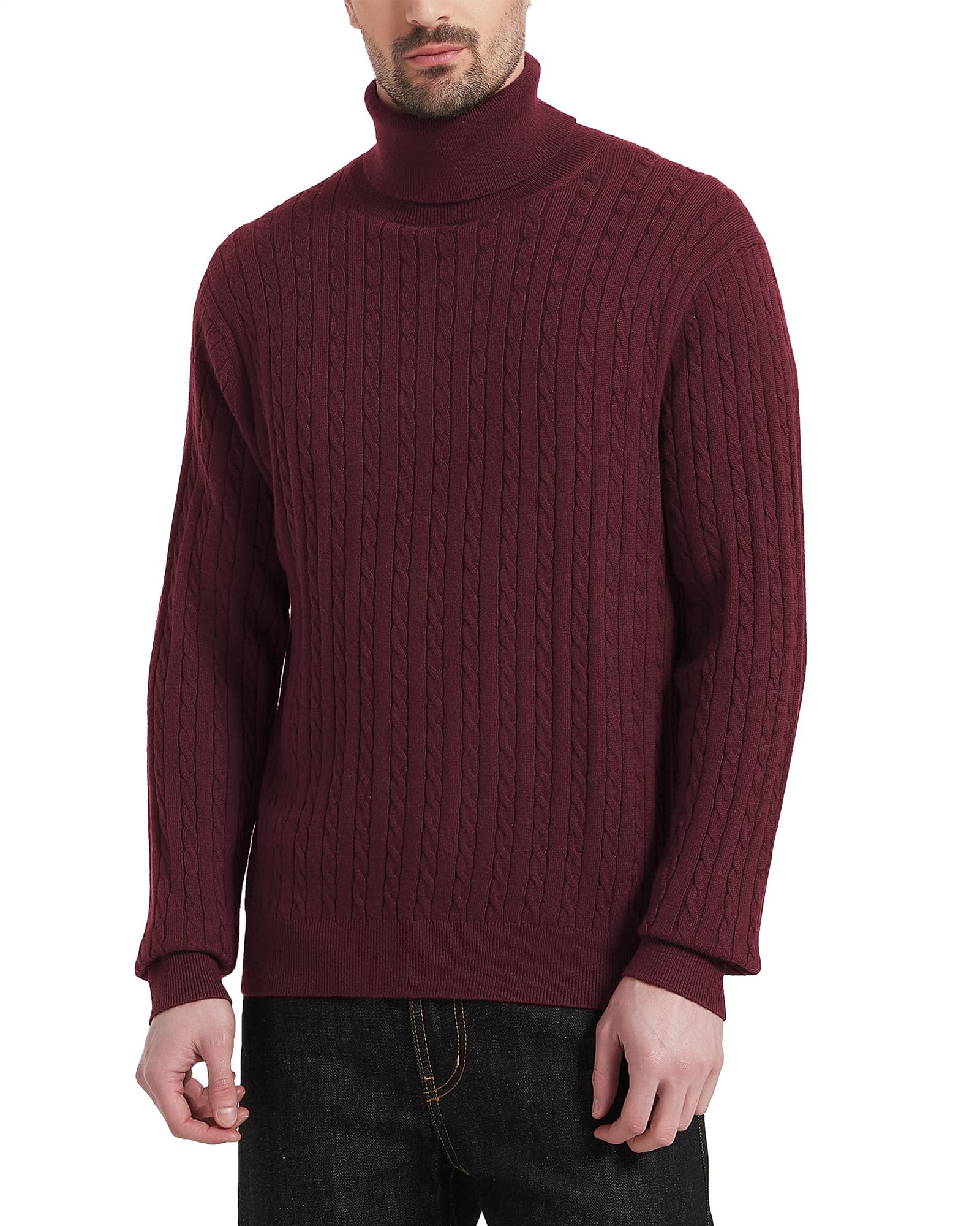 Kallspin Men's Lightweight Wool Blend Cable-Knit Turtle Neck Pullover Sweater - Warm Winter Casual Wear for Office & Outdoor Activities
