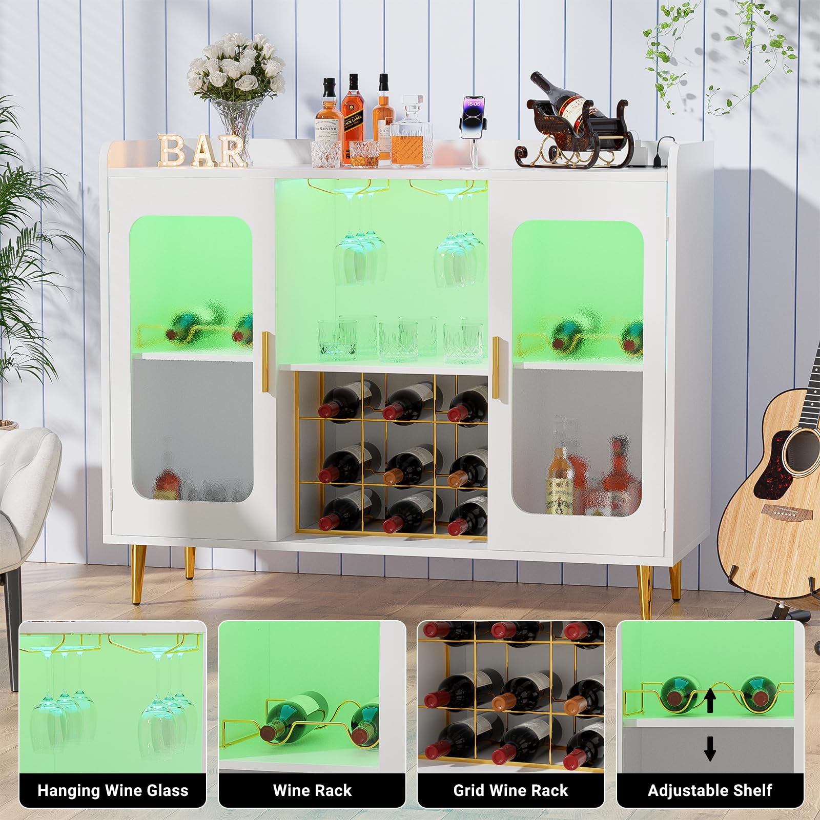 White Liquor Cabinet Bar with Power Outlet & LED Lights - Wine Storage Cabinet with Glass Rack, Home Coffee Bar, Kitchen Buffet Sideboard with Storage Shelf - Perfect for Dining Room, Home Bar Setup & Entertaining Guests