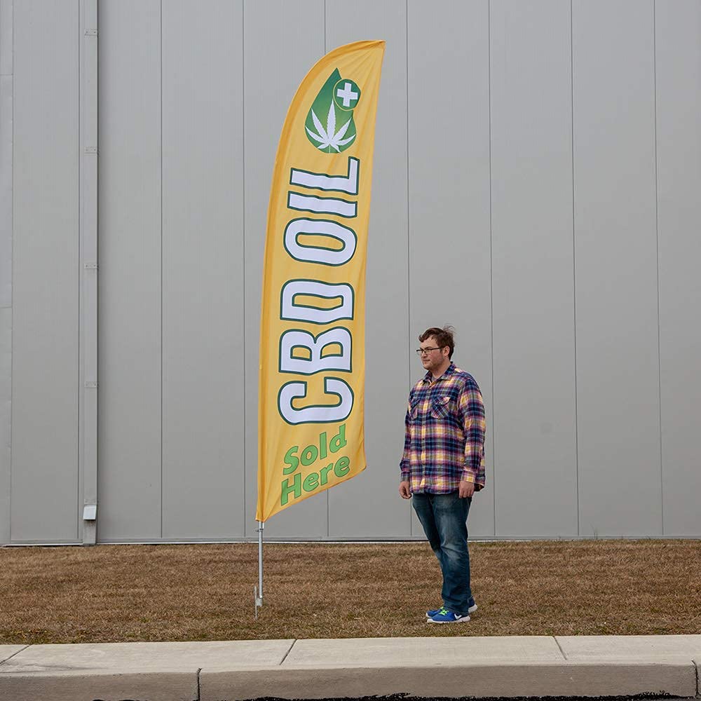 Premium CBD Oil Feather Flag Kit - 13ft Aviation Grade Fiberglass Poles, Flag, Cross Base, Weight Bag & Stake | Outdoor Advertising for CBD Shops, Dispensaries & Events