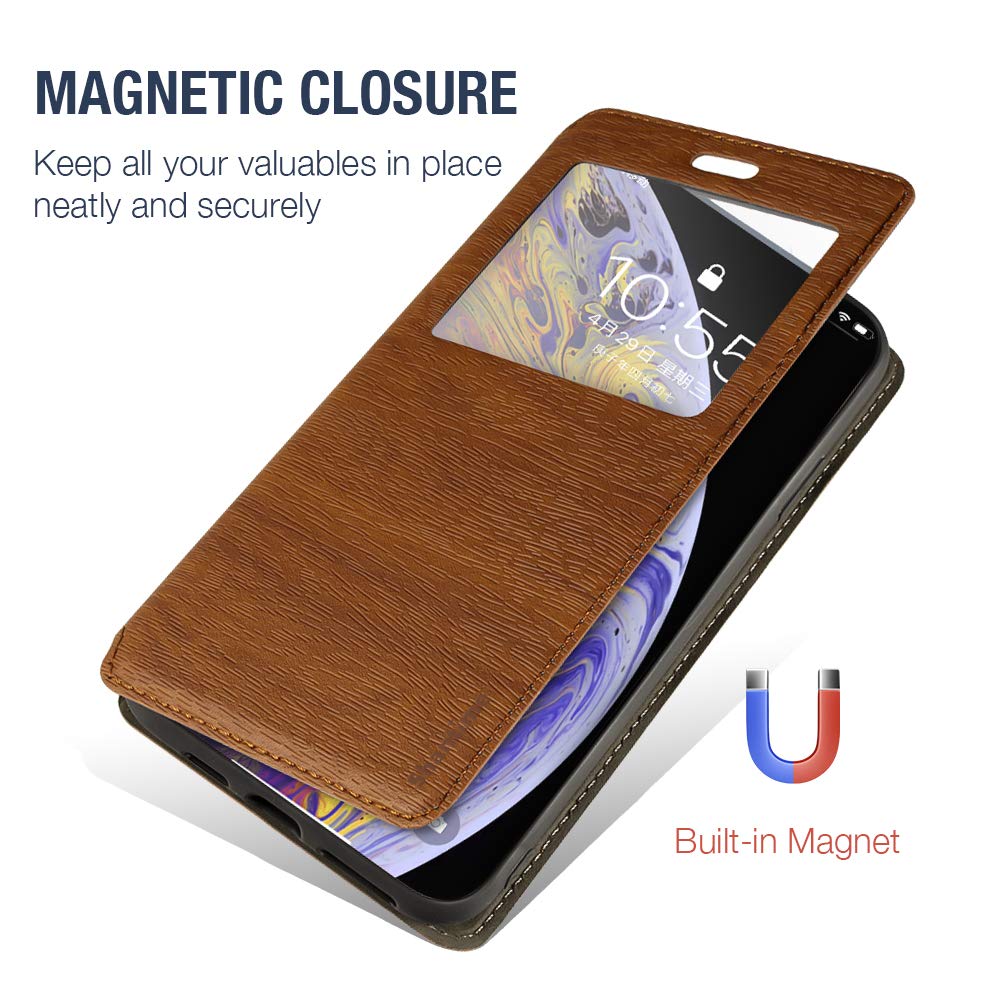 Premium Wood Grain Leather Magnetic Flip Cover with Card Holder & Window for Xiaomi Mi Max 3 Pro - Slim Protective Case for Business & Travel (Brown)