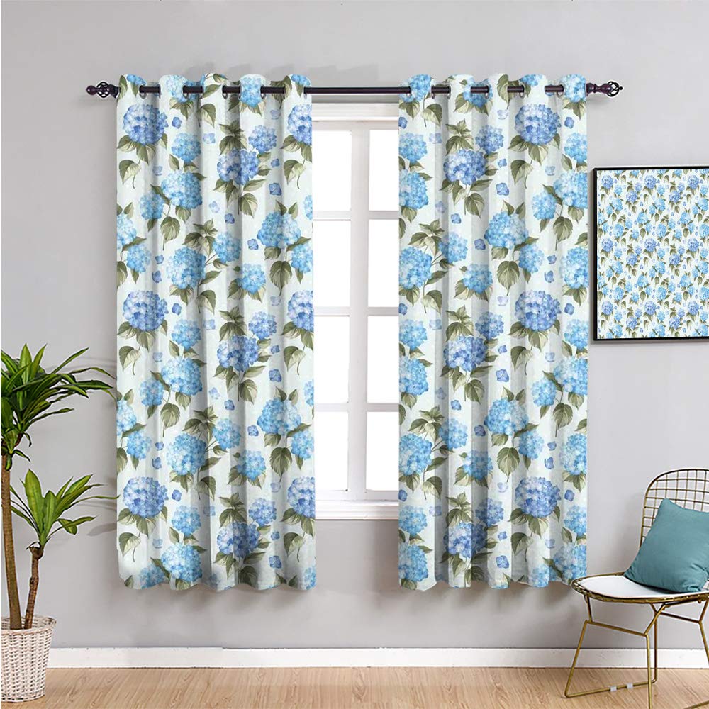 Printed Hydrangea Flower Curtains 63x45 Inch - Lightweight Bedroom & Living Room Window Drapes for Wedding, Bridal Decor - Elegant Home Decor with Artistic Floral Design (Blue/White)