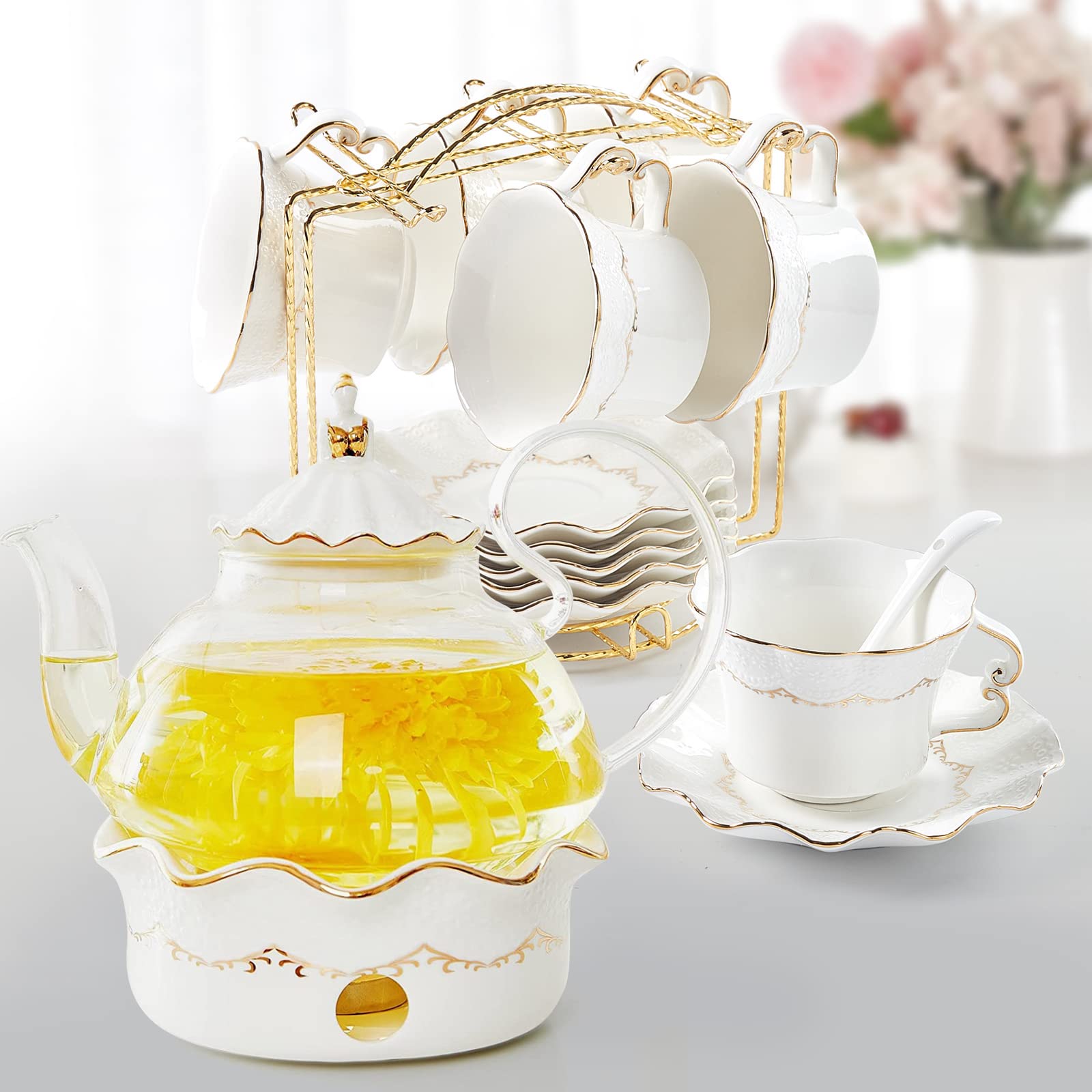 Premium 6-Piece Porcelain Tea Set with Teapot, 8.5oz Cups & Saucers - British Royal Style Floral Relief Design with Tea Warmer - Perfect for Afternoon Tea Parties, Bridal Showers & Elegant Home Decor (White)