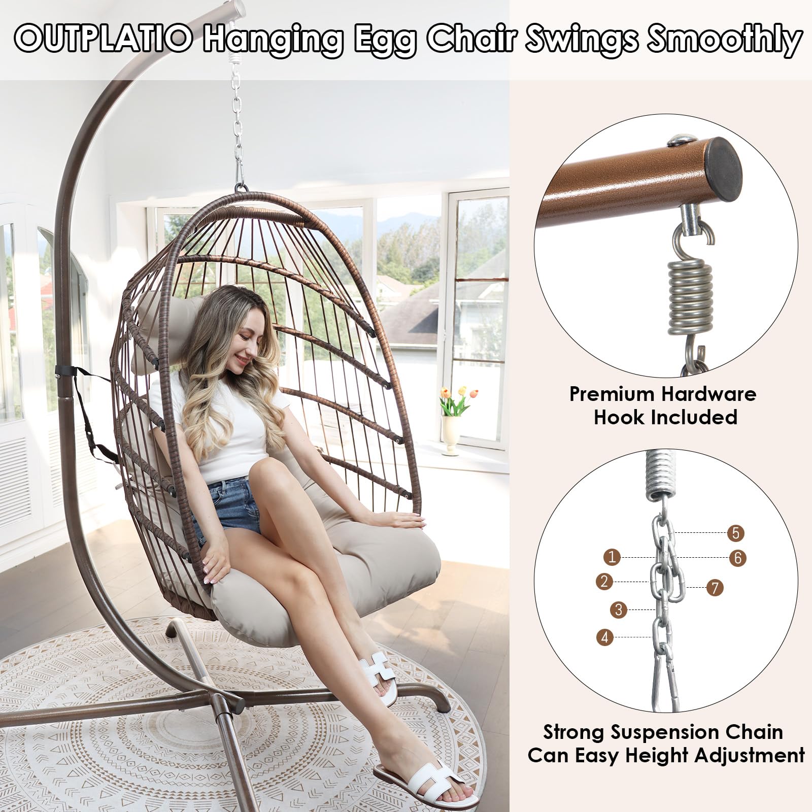 Outdoor Hanging Egg Chair with Stand - 350lbs Capacity PE Rattan Wicker Swing Chair with Waterproof Cushions, Foldable Basket Design for Patio, Garden, Bedroom & Indoor Use (Brown) | Perfect for Relaxing, Reading & Lounging in Backyard or Sunroom