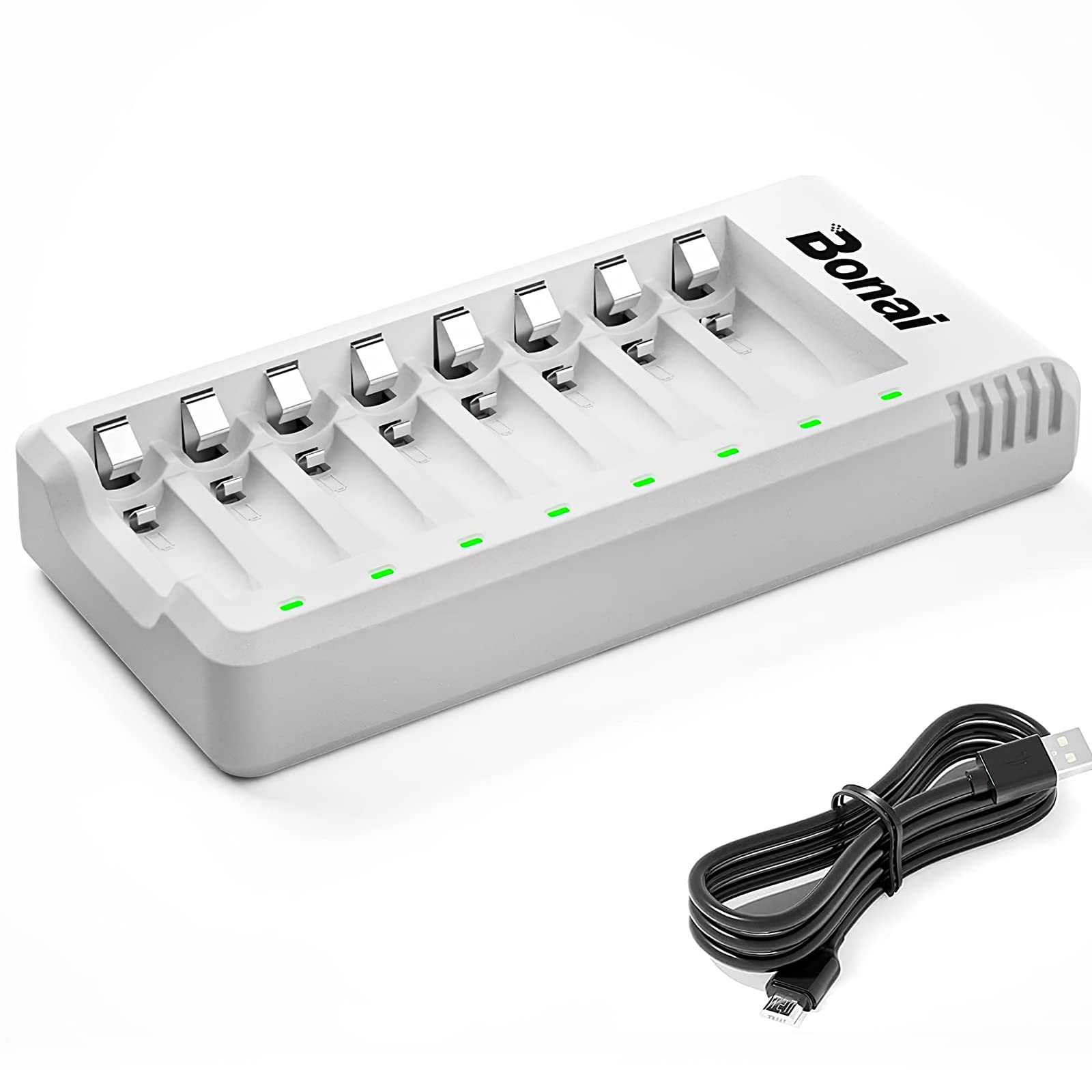 BONAI 8-Slot Smart Fast Battery Charger for AA AAA Ni-MH Ni-CD Rechargeable Batteries - Perfect for Cameras, Toys, and Electronic Devices