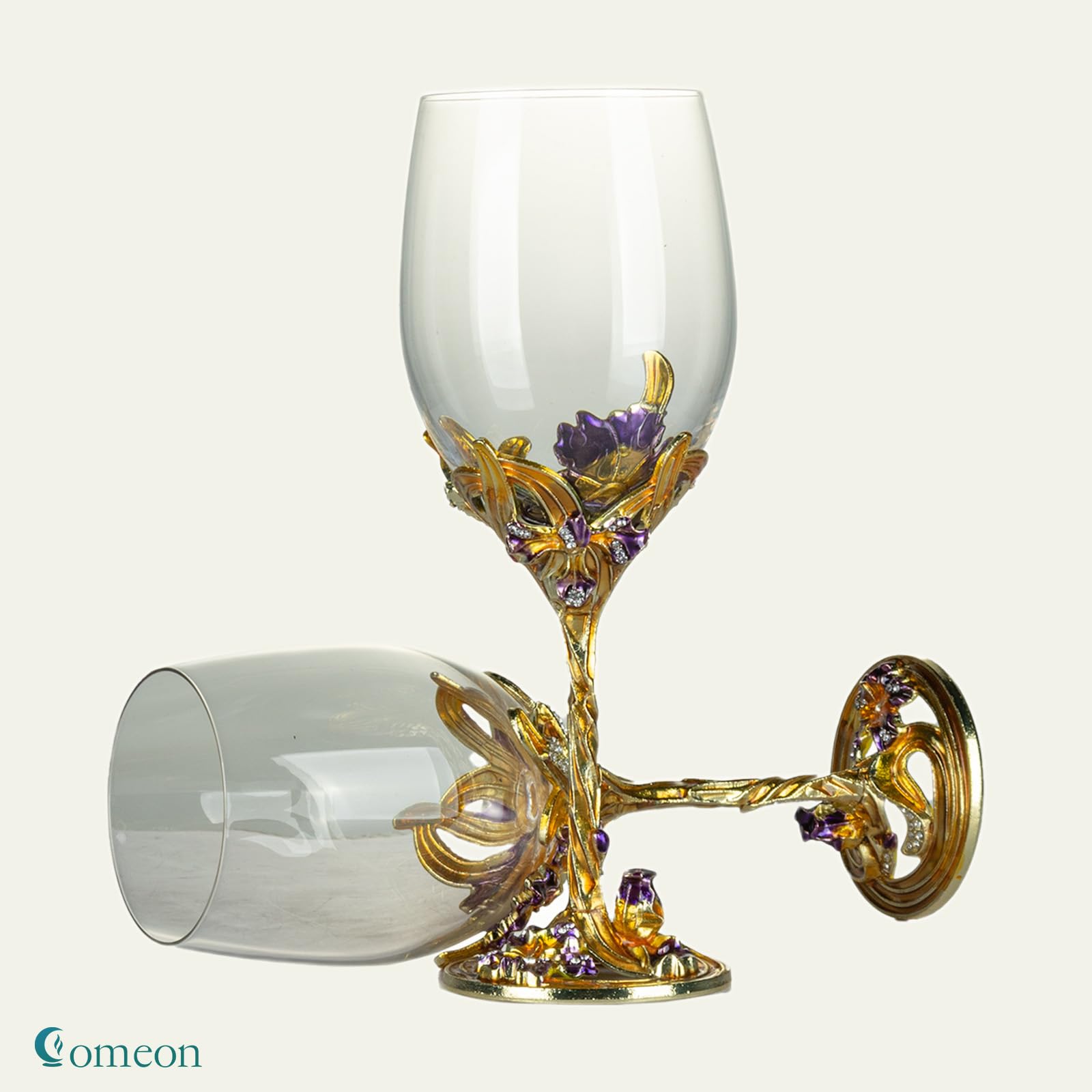Elegant Crystal Wine Glasses Set of 2 - Gold Floral Champagne Goblets for Red Wine & Sparkling Drinks, Perfect for Weddings, Dinner Parties & Romantic Gifts (Includes Gift Box)