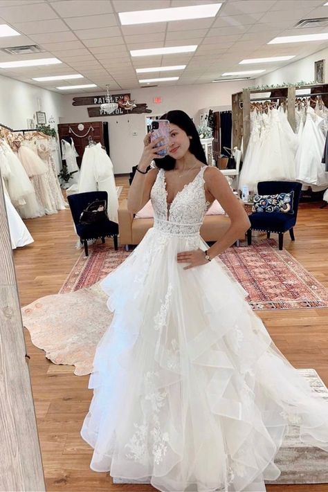 Elegant A-Line Tiered Lace Beach Wedding Dress with Tulle V-Neck Applique - Perfect for Beach Weddings, Destination Elopements & Boho Bridal Photoshoots