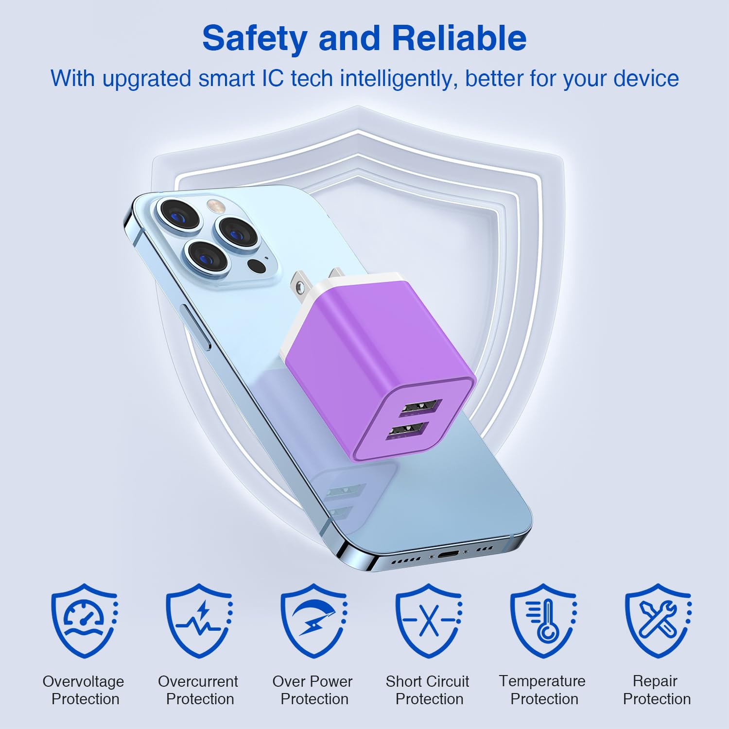 Apple MFi Certified 10ft USB Wall Charger & Lightning Cable - Fast Charging Block with 2 Ports for iPhone 12/11/XR/X/XS/8/7/6/SE, iPad - Purple | Perfect for Home, Office & Travel Use