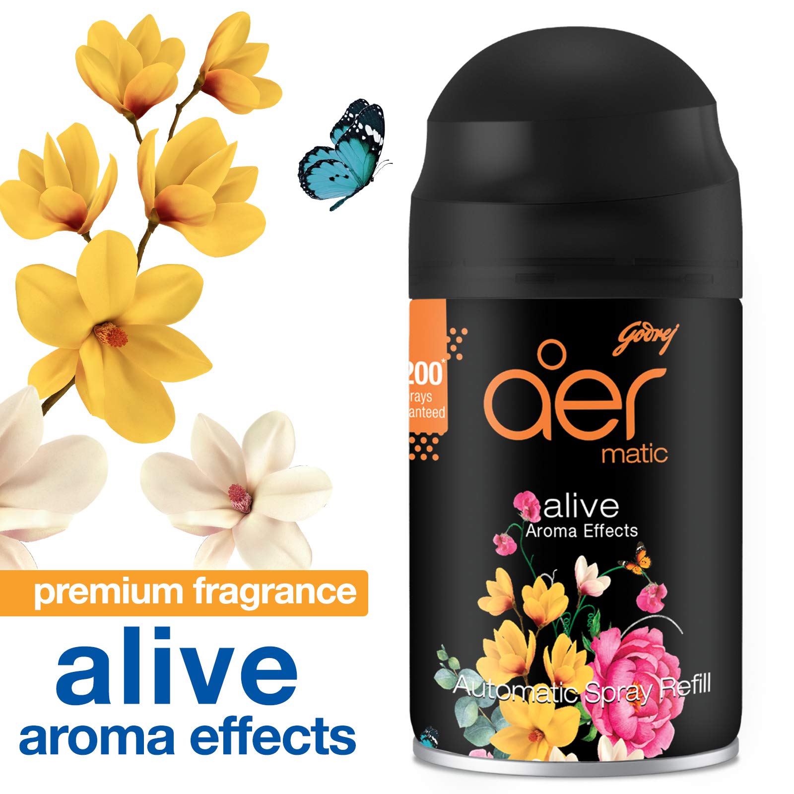 Godrej Aer Matic Refill - Automatic Air Freshener with 2200 Sprays | Lasts 60 Days | 225ml Room Deodorizer for Home, Office & Car | Fresh Alive Scent