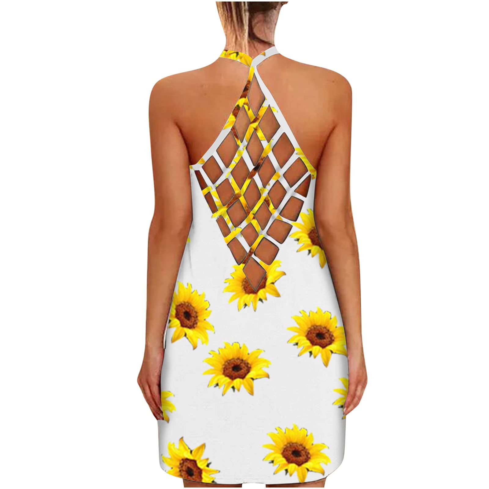 ZASUN Women's Sexy Backless Cami Summer Dress - Casual O-Neck Short Sunflower Print Beach Dress for Vacation, Party & Outdoor Date