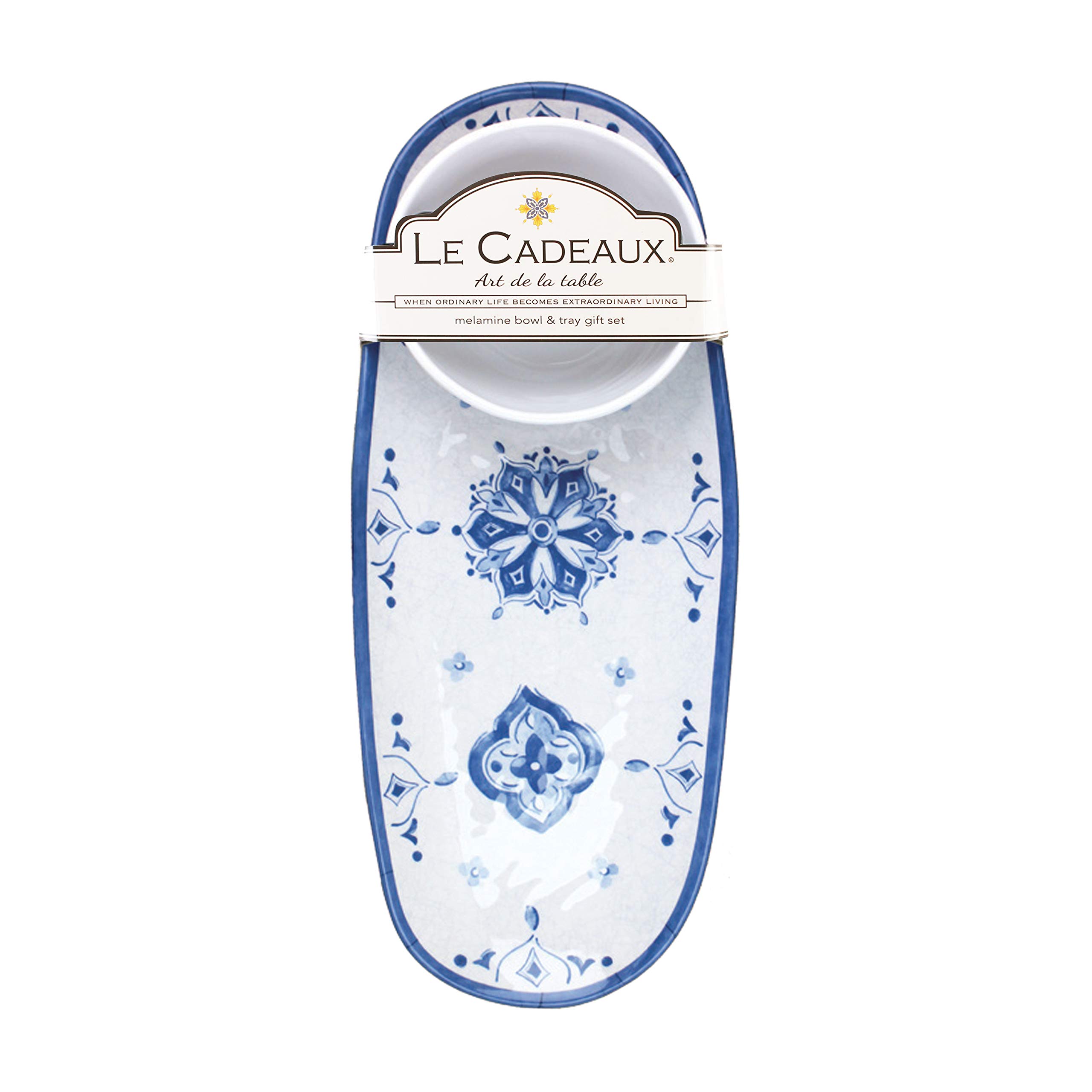 Le Cadeaux Melamine Bowl and Tray Gift Set - Moroccan Blue Design, Durable and Stylish for Serving, Entertaining, and Home Decor