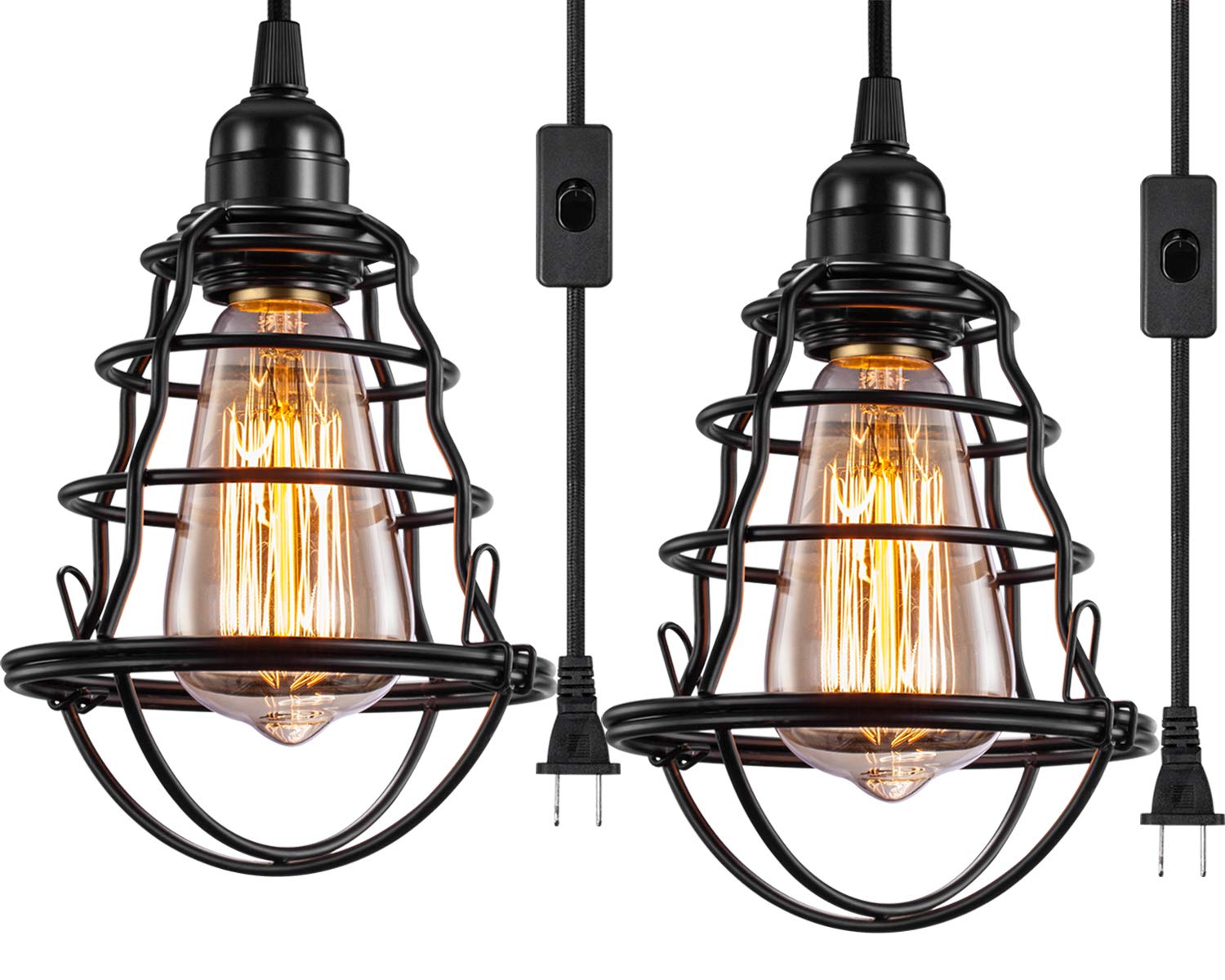Vintage Industrial Plug-in Pendant Light with Cage Design - E26/E27 Base, On/Off Switch - Edison Bulb Compatible (2 Pack) - Perfect for Kitchen Island, Dining Room, Bar, and Farmhouse Decor