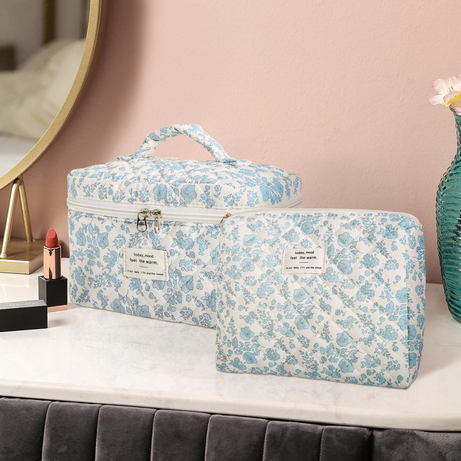 Large Floral Quilted Makeup Bag Set - Cute Cotton Cosmetic Organizer with Zipper, Travel Toiletry Pouch for Women & Teen Girls (Blue) - Perfect for Travel, Daily Use & Gift Giving