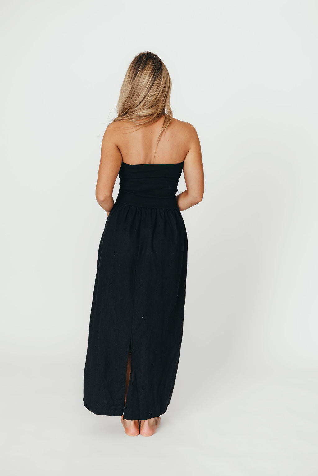Kaylee Black Linen and Ribbed Knit Maxi Dress - Elegant Long Dress for Summer, Beach, and Casual Outings