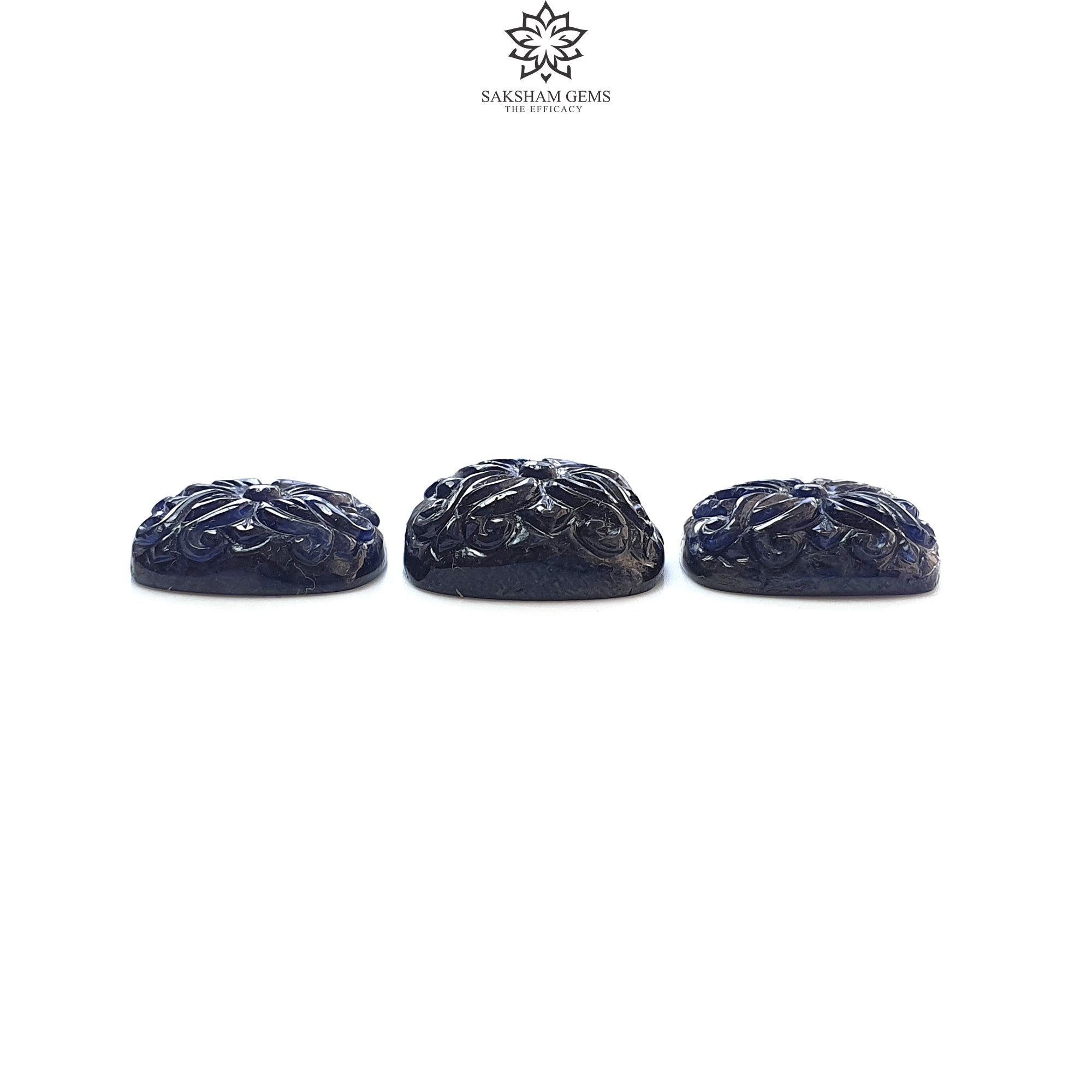 Natural Deep Blue Sapphire Gemstone Carving - 62.60cts Untreated Unheated Hand-Carved Cushion Shape (17x15mm & 18x20mm, 3pcs) | Jewelry Making, Engagement Rings & Luxury Gift Ideas
