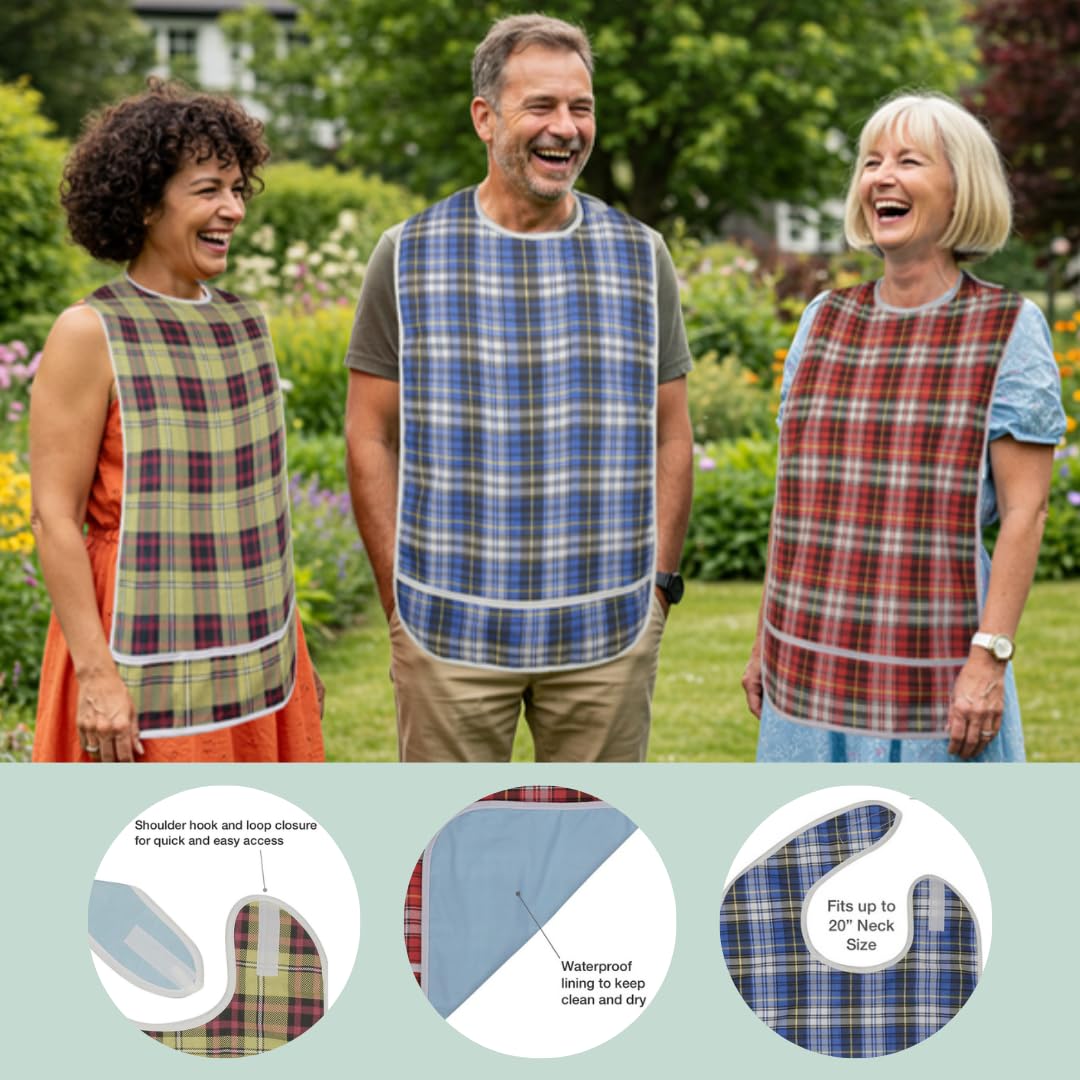 Modaliv Adult Bibs - 3 Pack Waterproof Reusable Bibs with Crumb Catcher for Seniors - Washable Extra Long Clothing Protectors for Men & Women (Blue, Beige, Red) - Perfect for Dining, Assisted Living & Mealtime Independence