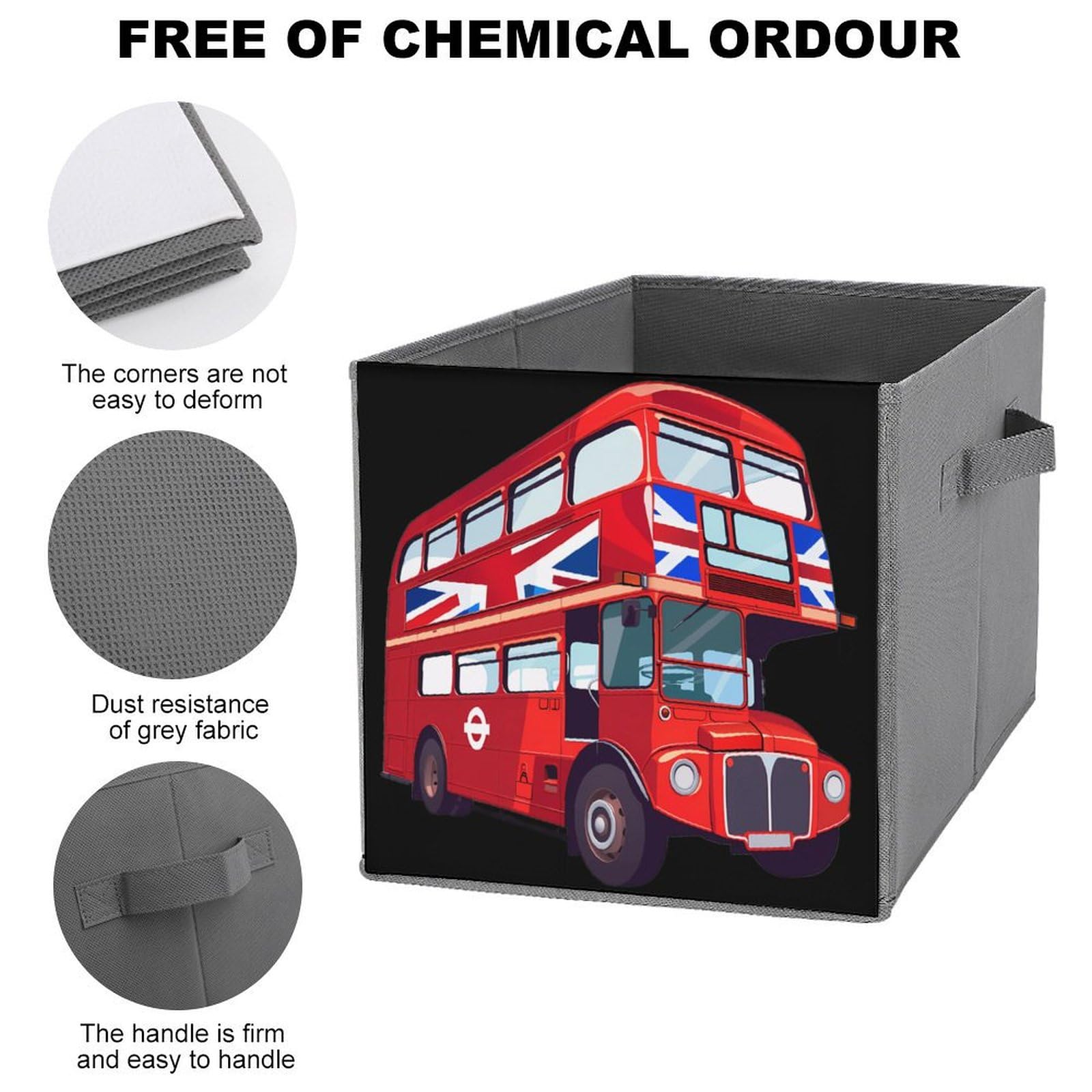 London UK Red Double Decker Bus Folding Storage Bins - 4 Pack Collapsible Organizer Baskets with Handles for Kids Room, Bathroom & Office Organization