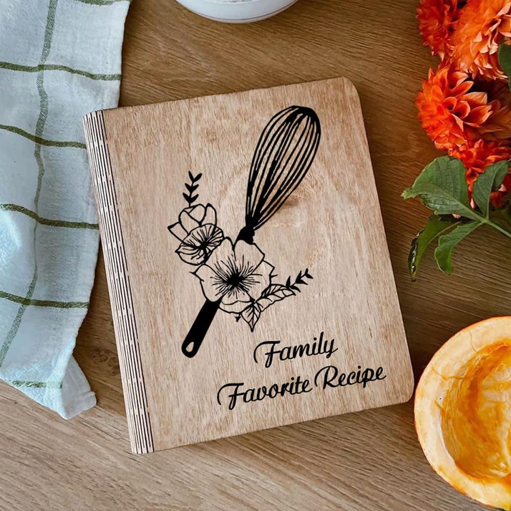 Personalized Wooden Recipe Book Binder - Custom Family Cookbook with Wooden Cover, Sketchbook & Writing Notebook - Perfect Gift for Mom, Christmas Present Ideas (A4 Size, Style 10) - Ideal for Recipe Organization, Family Heirloom & Kitchen Decor