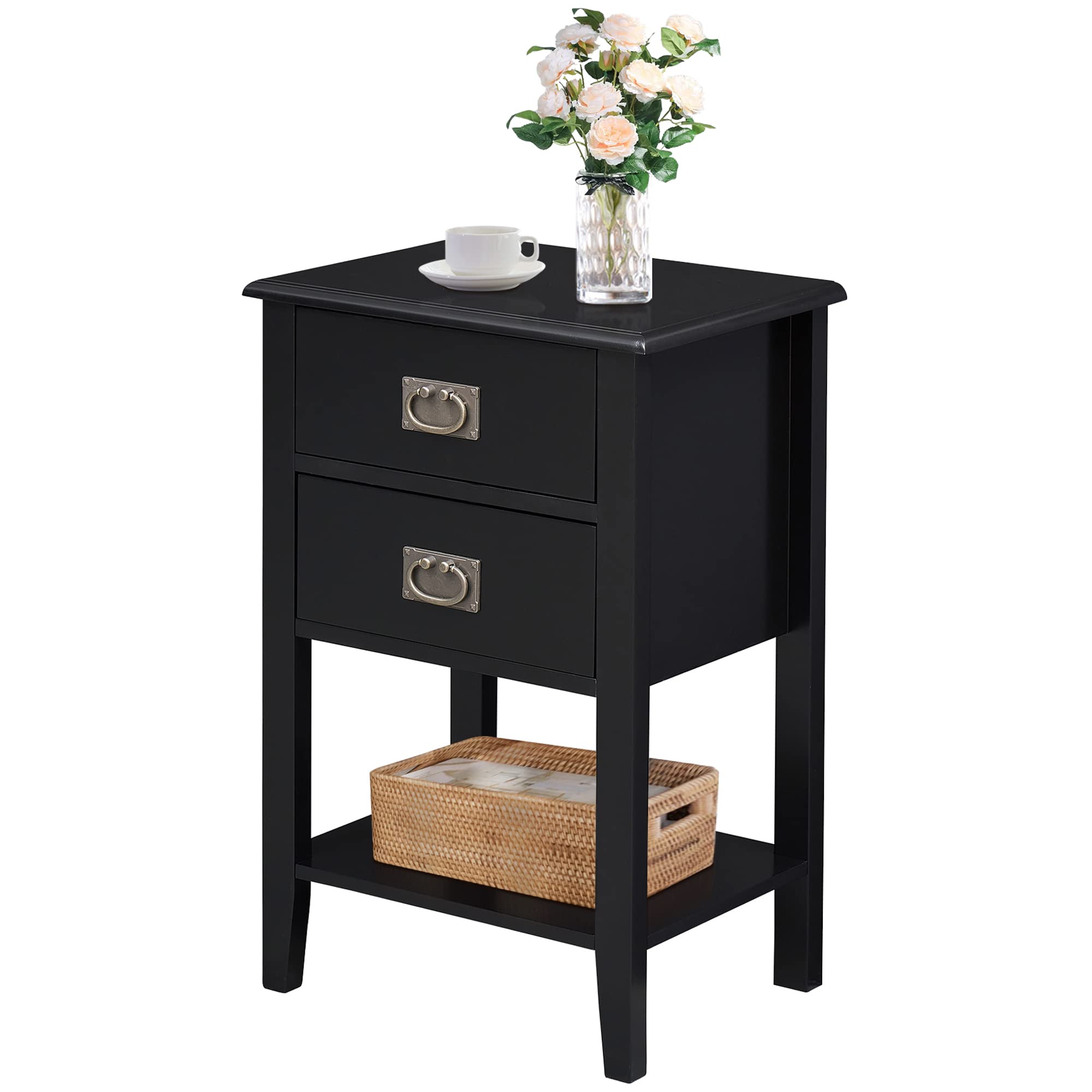 VECELO Vintage Nightstand with 2 Storage Drawers - Solid Wood Legs End Table for Bedroom & Living Room - Compact Accent Furniture for Small Spaces (Black) | Perfect for Apartment, Dorm & Guest Room Decor