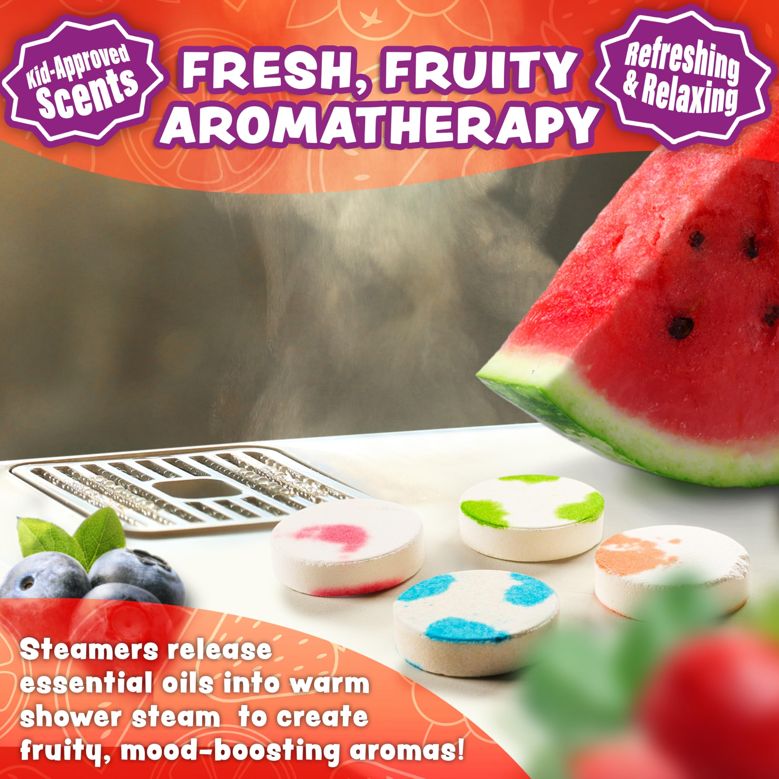 Tub Works® Fruit Fusion™ Kids Shower Steamers - 12 Pack Variety | Fresh & Fruity Aromatherapy Shower Bombs | Sensory Bath Alternative for Children | Perfect for Relaxing Bath Time, Birthday Gifts & Spa Day Fun