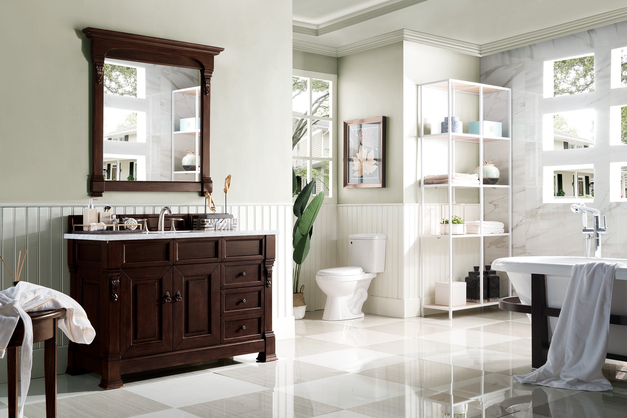 Brookfield 48 Inch Single Bathroom Vanity with Burnished Mahogany Finish & 3CM Carrara Marble Top - Perfect for Modern Master Bathroom or Guest Bathroom Renovation