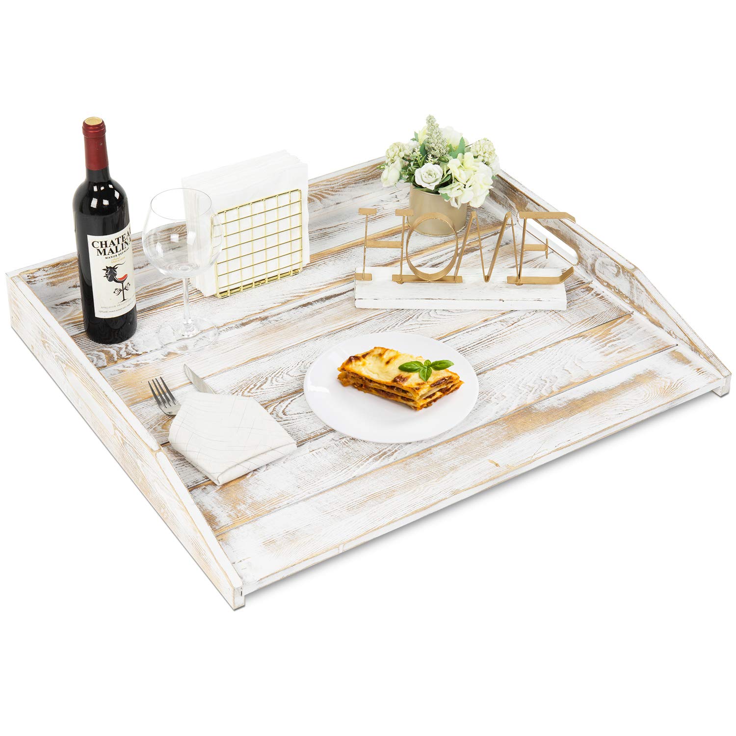 MyGift 30 Inch Extra Large Solid Wood Noodle Board - Rustic White Washed Kitchen Stove Cover with Cutout Handles - Oversized Decorative Serving Tray for Countertops - Perfect for Pasta Making, Baking, and Holiday Entertaining