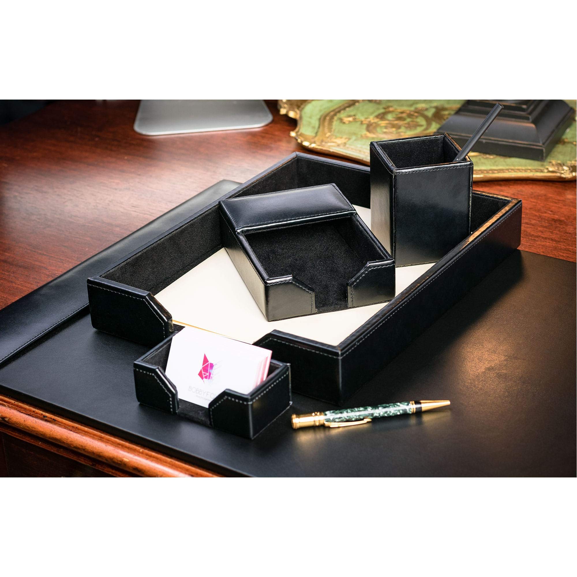 Dacasso Black Bonded Leather 5-Piece Office Desk Set - Includes Pen Holder, Letter Tray, and More for Home & Office Organization