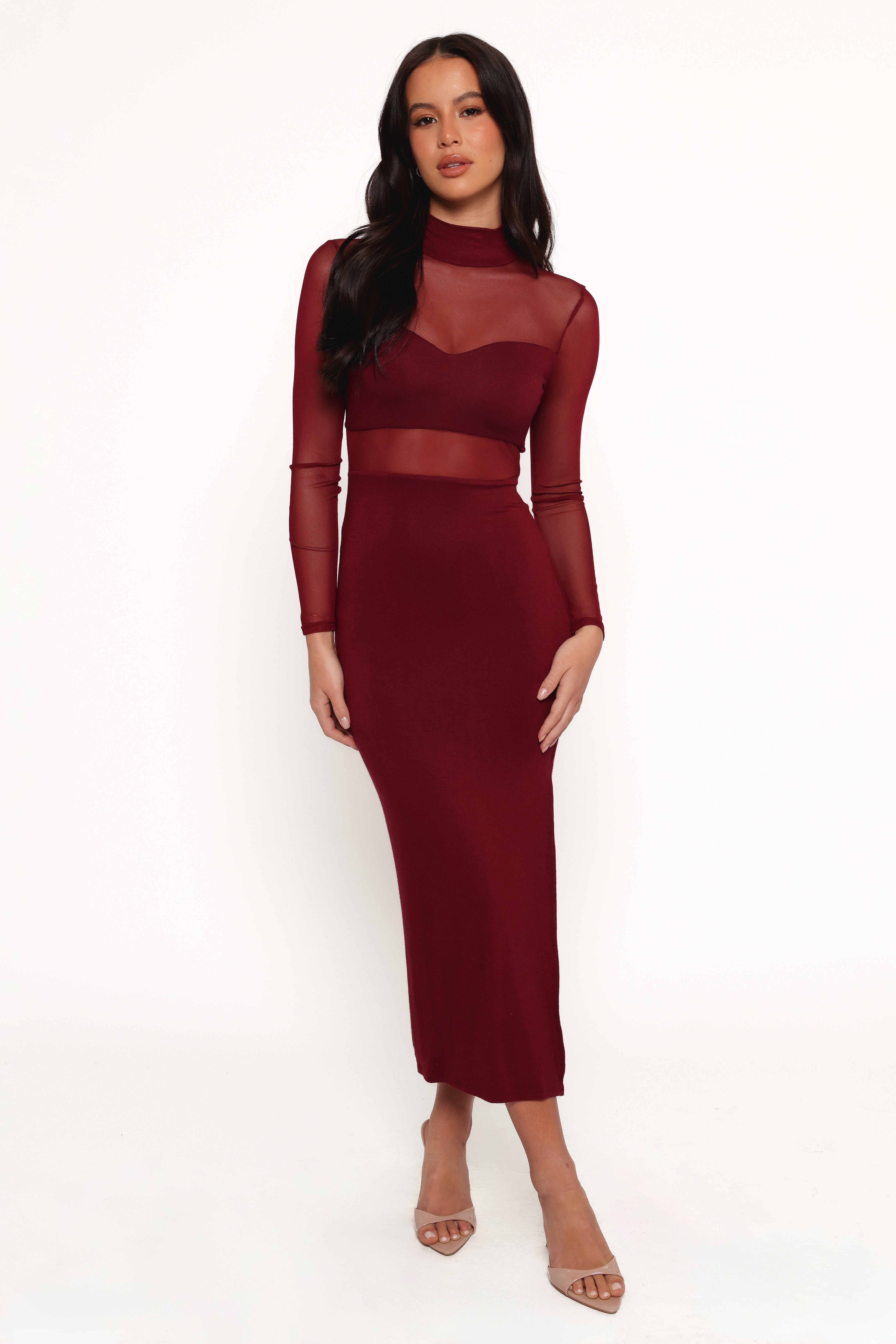 Elegant Farrow Long Sleeve Midi Dress in Wine Red - Perfect for Fall Weddings, Date Nights & Office Wear