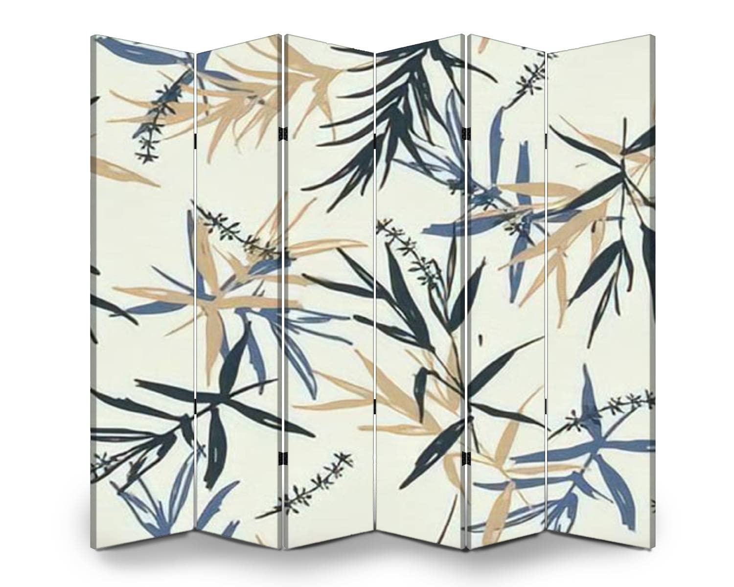 Elegant Blue & Beige Bamboo Leaf Floral Room Divider - Folding Privacy Screen for Indoor/Outdoor Use | Freestanding Partition for Home, Office, or Event Decor | Protective Space Separator