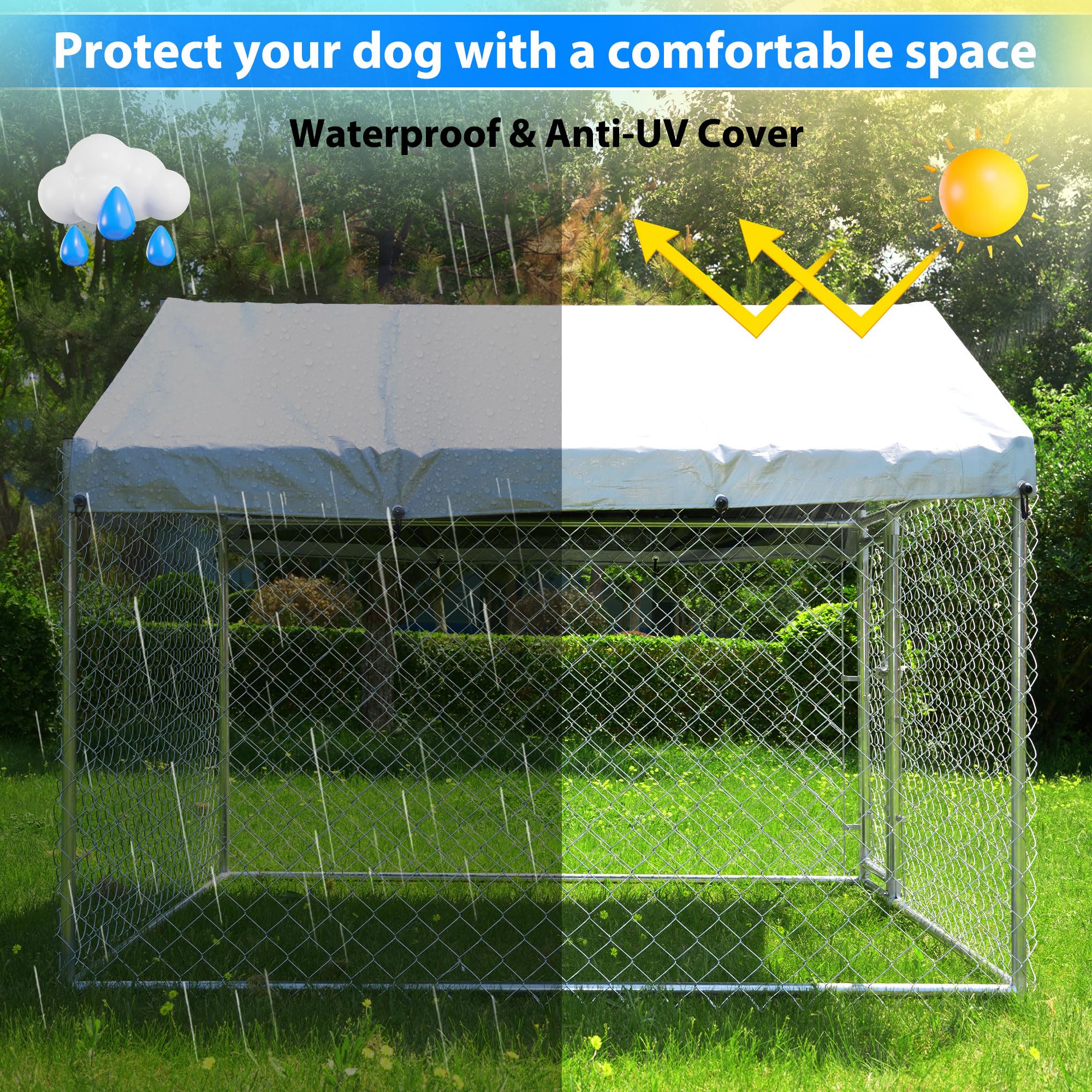 Heavy Duty Large Outdoor Dog Kennel with Cover & Secure Lock - 6.8'L x 6.8'W x 5.6'H Chain Link Dog Crate with Waterproof UV-Resistant Roof - Perfect for Backyard, Farm, or Pet Containment (Great for German Shepherds, Labs & Large Breeds)
