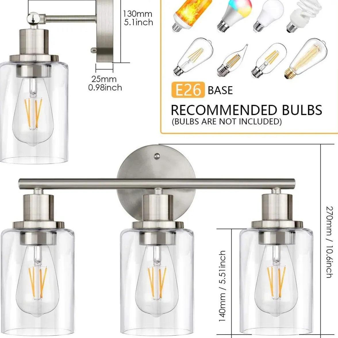 Vintage Nickel Glass Bathroom Wall Sconce Lights - Elegant Antique Style Vanity Lighting for Bathroom, Powder Room & Dressing Area