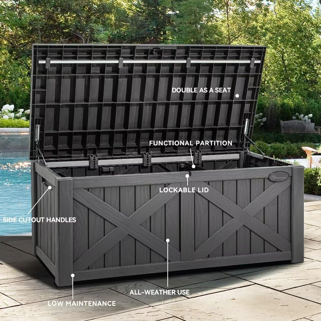 YITAHOME 120 Gallon Large Deck Box with X-Shaped Front, Waterproof Outdoor Storage Container for Patio Furniture, Pool Toys & Garden Tools - Lockable Resin Storage Bench (Dark Gray) - Perfect for Backyard, Poolside & Outdoor Organization