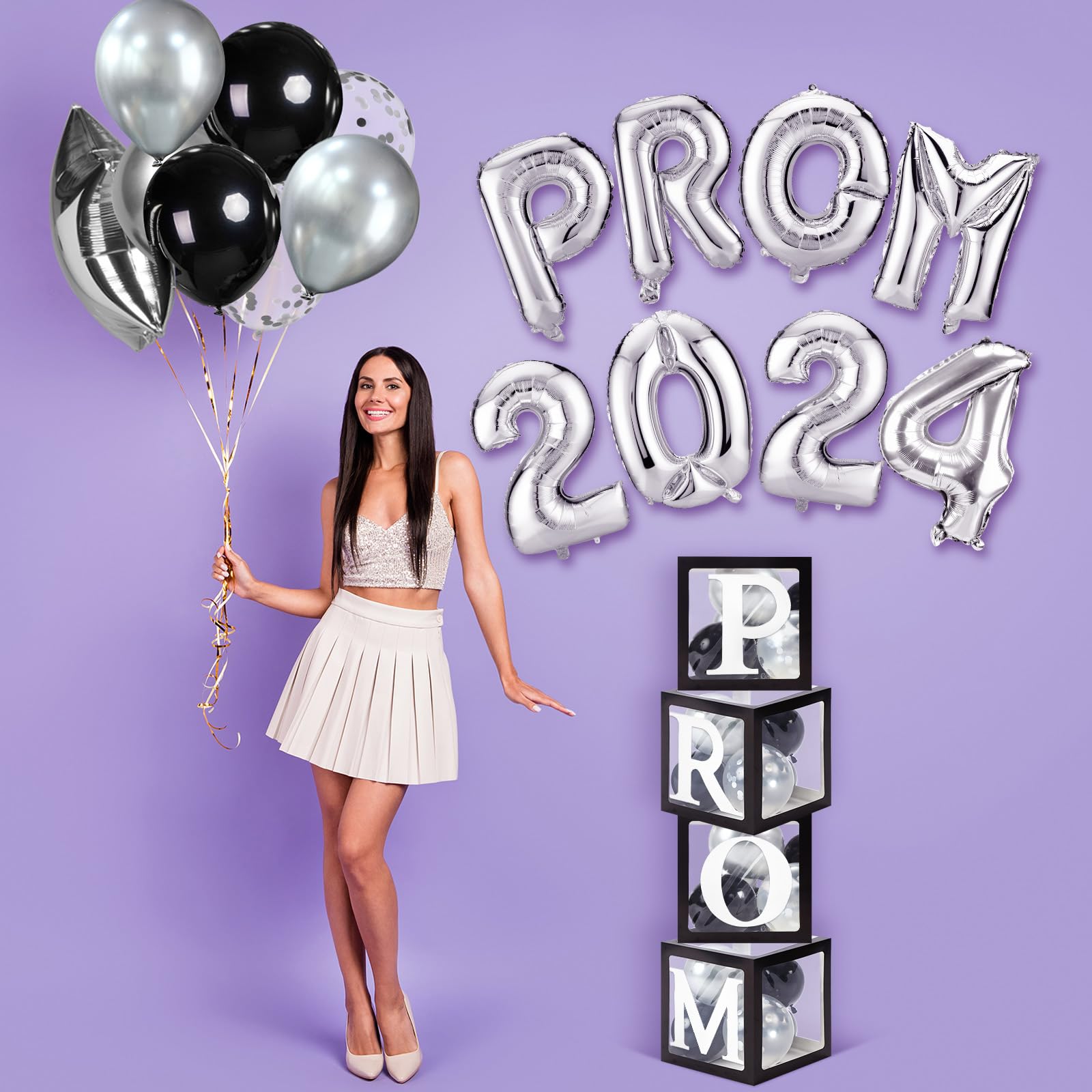 Tanlade 104 Pcs Prom 2025 Balloon Decorations Set - Graduation Party Supplies with Foil Balloons, Confetti Balloons & Column Balloon Boxes for Indoor/Outdoor Class of 2025 Celebrations (Black & Silver) - Perfect for Graduation Parties, Prom Nights, School Events & Birthday Celebrations