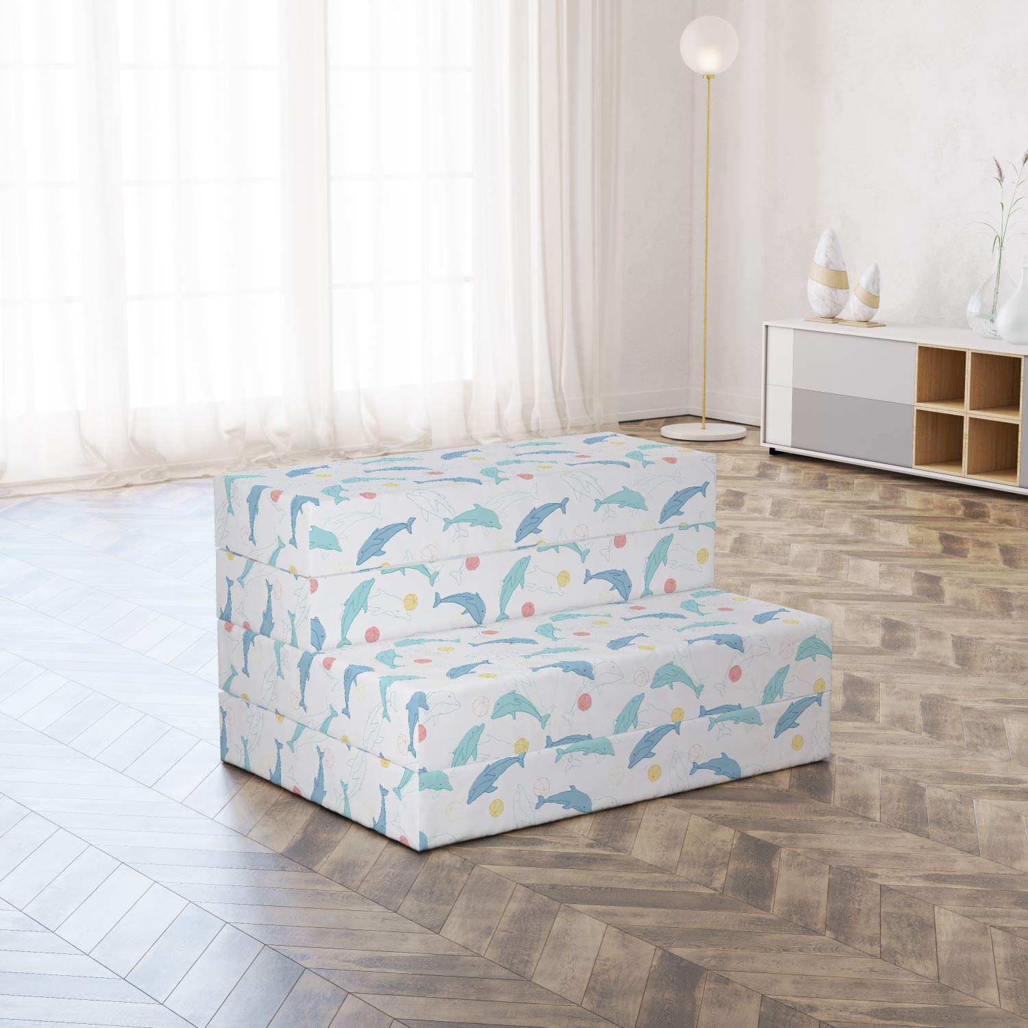 Ambesonne Dolphin Foldable Mattress - Playful Big Fish Design with Balls, 74.8