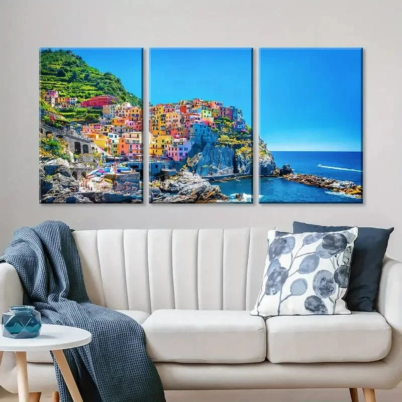 3-Piece Mediterranean Sea Cinque Terre Metal Wall Art Prints - Ready to Hang Coastal Decor for Living Room, Bedroom & Office