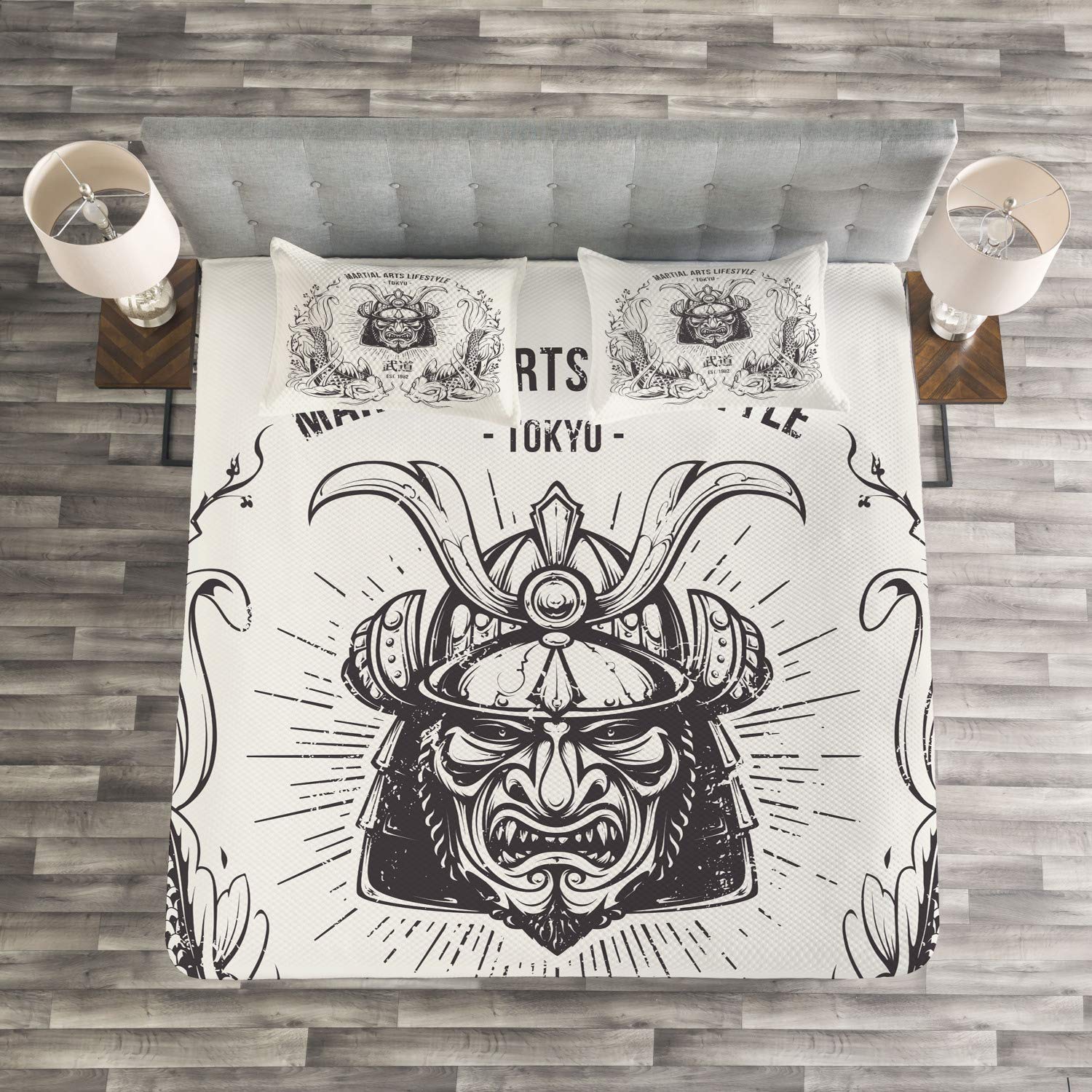 Ambesonne Japanese Samurai Koi Fish Bedspread Set - 3-Piece Traditional Asian Decor Bedding with 2 Pillow Shams, King Size in Coconut Grey - Perfect for Zen Bedroom, Martial Arts Theme or Tokyo-Inspired Home Decor