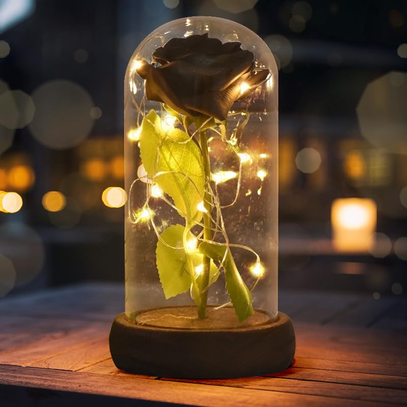 Preserved Rose Gift for Mom - Red Silk Rose in Glass Dome with LED Lights Base, Romantic Home Decor for Mother's Day, Wedding Anniversary, Birthday & Valentine's Day - Perfect for Bedroom, Living Room & Gift Giving