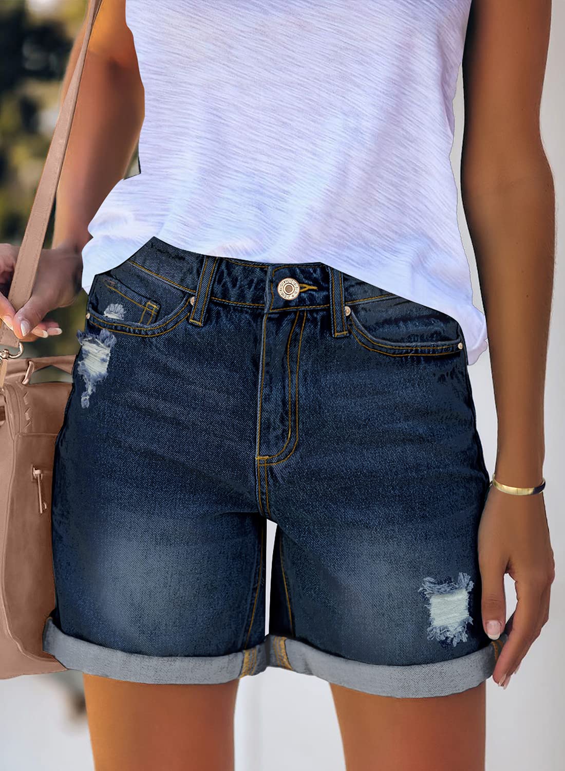 Luvamia Women's High Waist Ripped Denim Shorts - Distressed Rolled Hem Casual Jean Shorts for Summer Outfits, Beach, and Street Style
