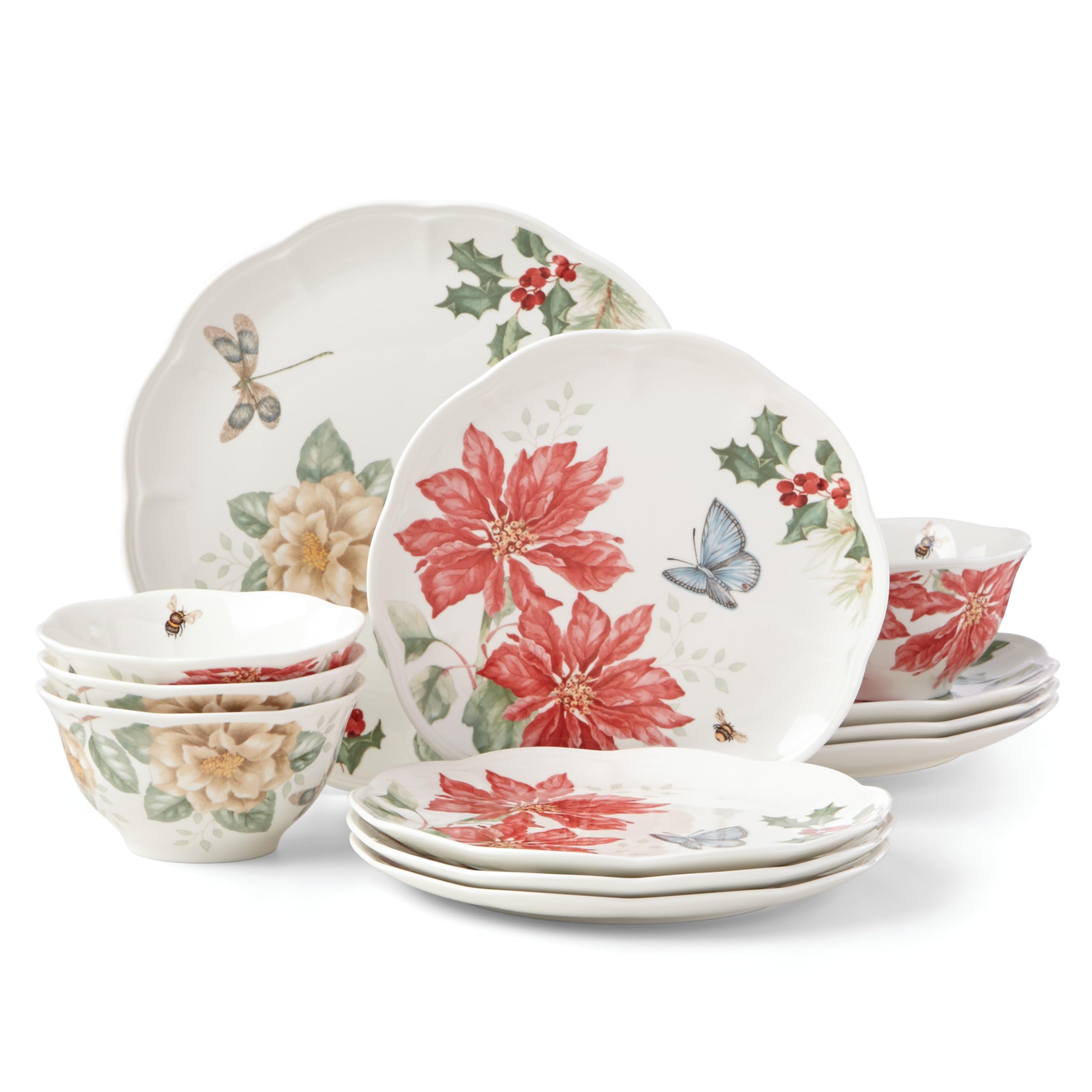 Lenox Butterfly Meadow Holiday 12-Piece Dinnerware Set - 16.6 lbs Red & Green Christmas Plates & Bowls - Elegant Table Setting for Holiday Parties & Family Dinners