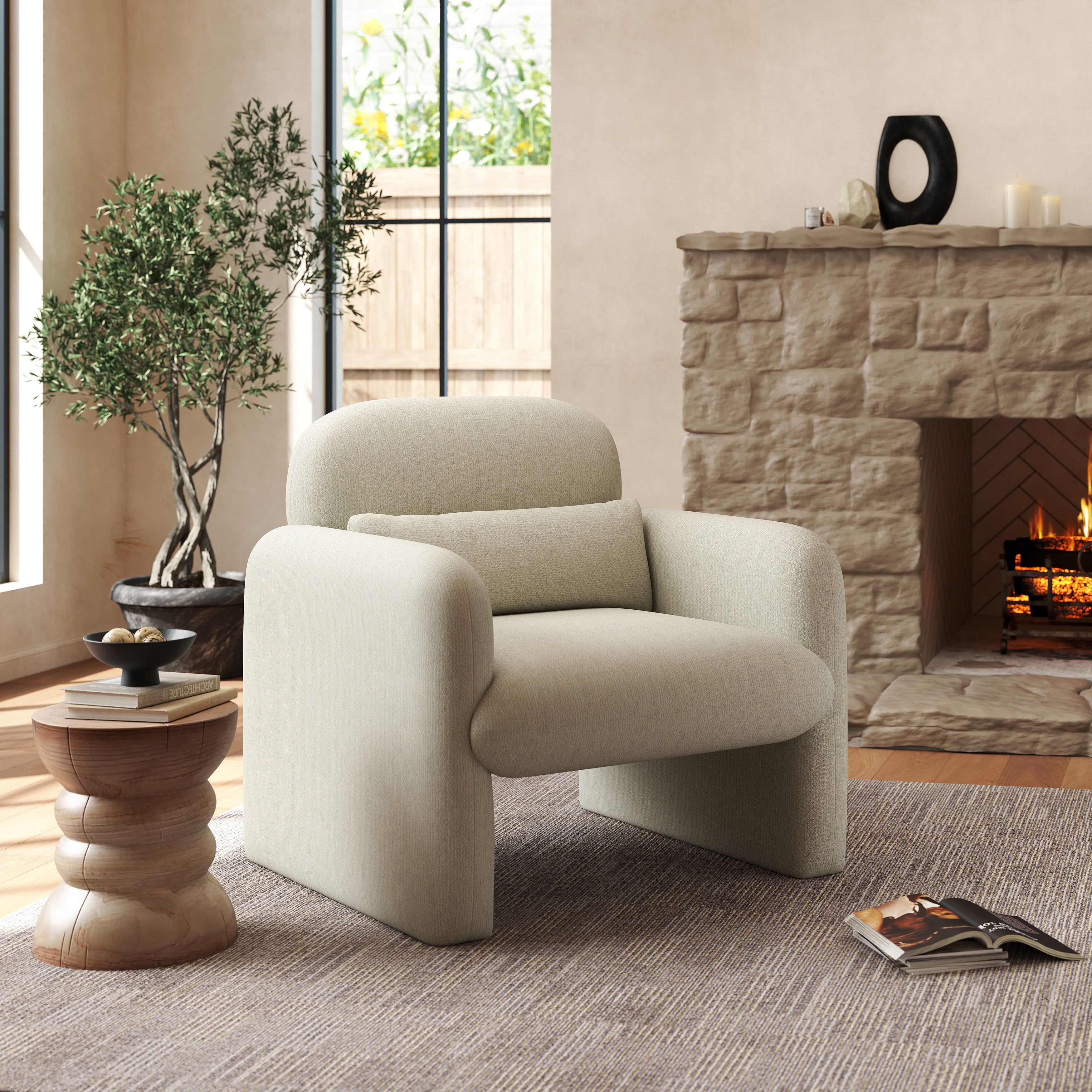 Roundhill Furniture Dylan Modern Upholstered Barrel Armchair in Cream White - Stylish Accent Chair for Living Room, Bedroom or Office